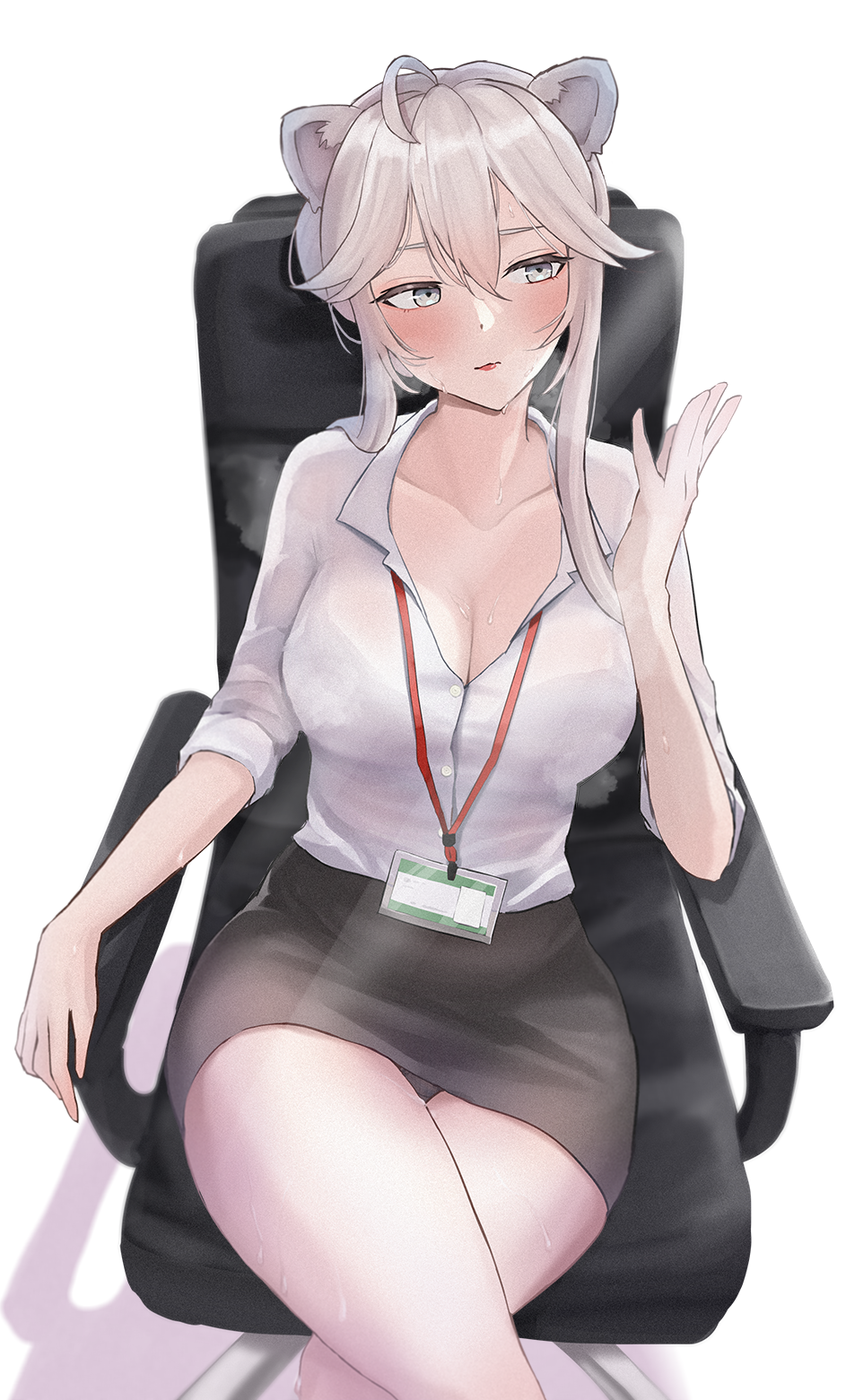 1girls 2022 ahoge animal_ears arm_up bangs blush breasts buttons chair cleavage collarbone collared_shirt crossed_legs female green_eyes head_tilt highres hololive hololive_gen_5 hololive_japan lanyard lion_ears lips looking_to_the_side medium_breasts office_chair office_lady open_collar pantyshot pantyshot_(sitting) pencil_skirt see-through shadow shirt shishiro_botan sidelocks simple_background skirt sleeves_rolled_up sweat thighs tomj virtual_youtuber white_background white_shirt