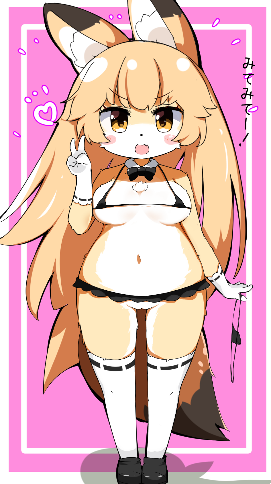 alternate_species amber_eyes anthro bikini blonde_hair blush blush_stickers bottomless bottomwear bow_tie bra breasts canid canine chest_tuft clothed clothing emanata ezo_red_fox ezo_red_fox_(kemono_friends) female footwear fox full-length_portrait fur furrification genitals gesture gloves hair handwear heart hi_res holding_clothing holding_object holding_panties holding_underwear japanese_text kemono kemono_friends legwear long_hair mammal micro_bikini mihihusuzu miniskirt open_mouth open_smile panties pink_background portrait pussy red_fox shadow shirt_collar shoes simple_background skirt smile solo standing stockings swimwear text tuft underwear v_sign white_body white_fur yellow_body yellow_fur