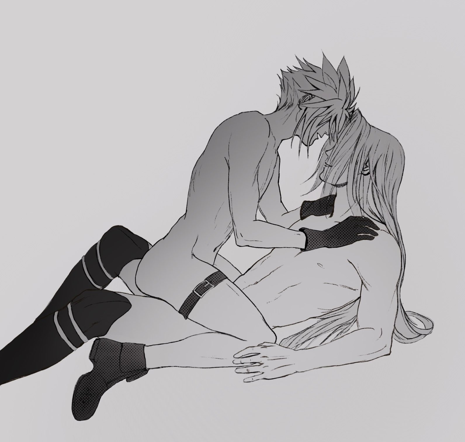2boys, ambiguous penetration, boots, chocobowings, cloud strife, femboy, final fantasy, final fantasy vii, gay, gloves, grey background, greyscale, hair covering eye, hand on shoulder, long hair, looking at another, male, male only, male/male, monochrome, muscular, muscular male, naked, naked boots, naked footwear, naked gloves, no visible genitalia, nude, on floor, sensual, sephiroth, simple background, sitting, sitting on lap, smiling, spiky hair, square enix, tagme, thigh strap, thighs, yaoi