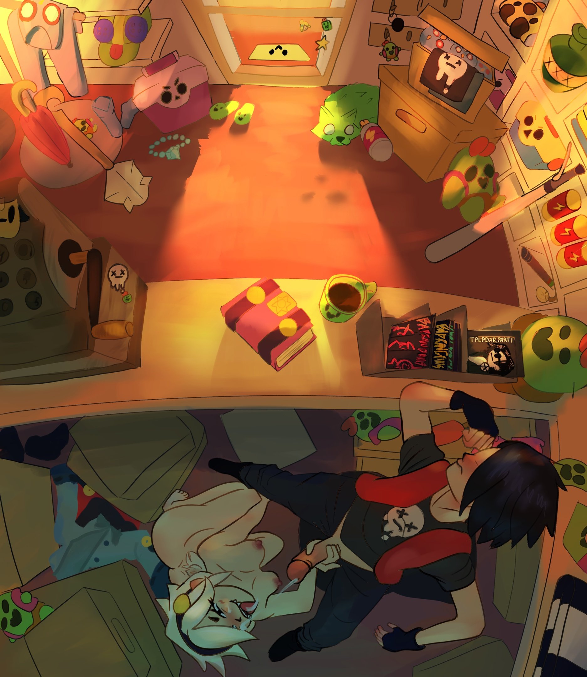 anthro, ass, black hair, blowjob, blush, brawl stars, breasts, colette (brawl stars), cum on face, cumming, edgar (brawl stars), emo, feet, female, hands on penis, happy female, hetero sex, male, masturbation, naked, naked female, nipples, penis, scarf, semen, spike (brawl stars), store, supercell, tongue, tongue out, white hair