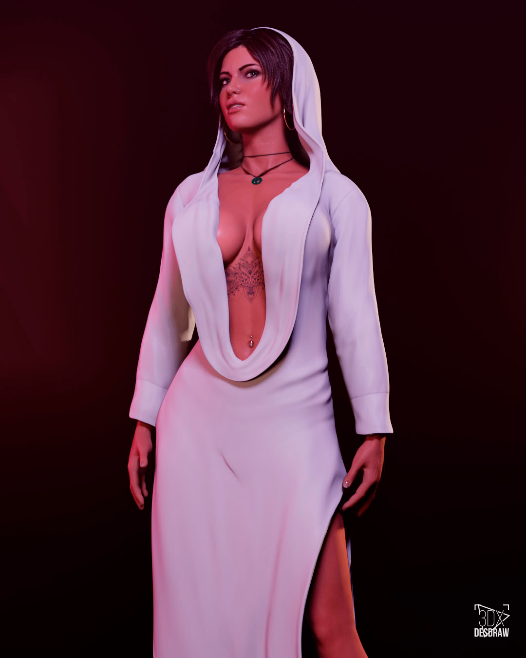 3d, big breasts, breasts, busty, cleavage, cloak, desdraw, earrings, female, female focus, female only, hood, hooded cloak, hourglass figure, lara croft, lara croft (survivor), navel, navel piercing, necklace, nose piercing, piercing, pose, posing, standing, tagme, tattoo, tomb raider, tomb raider (survivor), wide hips