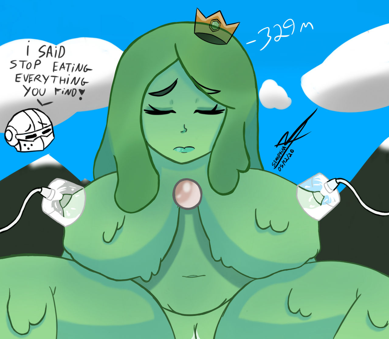 1boy 1girls 2020 2d background_sky big_breasts big_girl chubby chubby_female cloud crown gdseraphim knight lactation milking_machine mountain pensive plump princess_and_conquest slime slime_body slime_girl slime_princess_(princess_and_conquest) thick_thighs