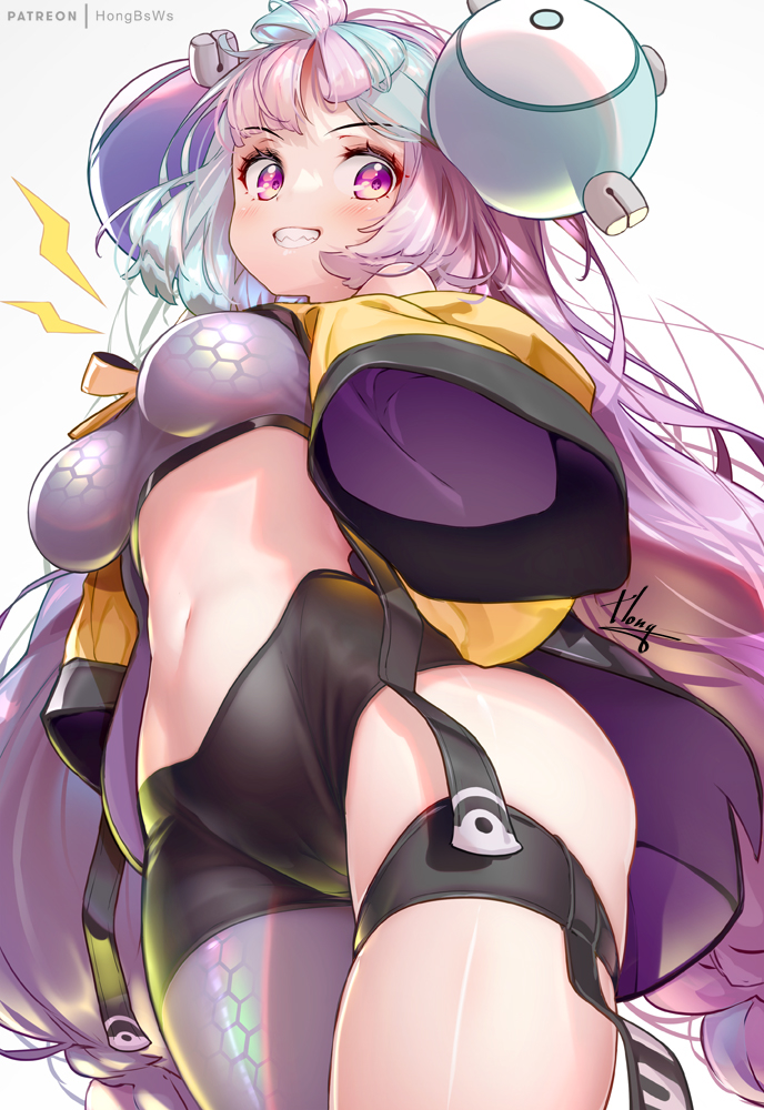 1girls, alternate breast size, blue hair, booty shorts, breasts, female, female only, hong (white spider), iono (pokemon), light skin, light-skinned female, long hair, low-angle view, medium breasts, nintendo, pink eyes, pink hair, pokemon, pokemon sv, short shorts, shorts, smile, solo, solo female