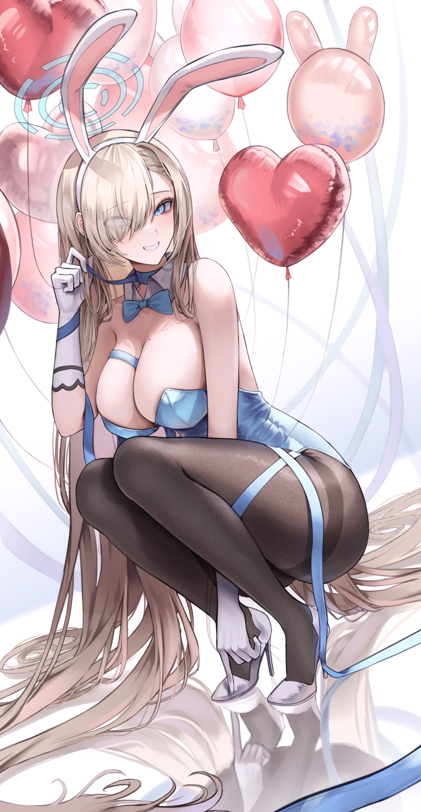 2d 2d_(artwork) asuna_(blue_archive) asuna_(bunny)_(blue_archive) asuna_(bunny_girl)_(blue_archive) bangs bare_shoulders black_pantyhose blonde_hair blue_archive blue_eyes blush bunny_ears bunny_girl cleavage female_only footwear hair_over_one_eye heart_balloon high_heels kneeling large_breasts light_brown_hair long_hair looking_at_viewer mole_on_breast pantyhose playboy_bunny reflective_floor smile solo_focus squatting swept_bangs thick_thighs thighband_pantyhose thighs uncensored very_long_hair white_gloves white_high_heels wide_hips yoonsol