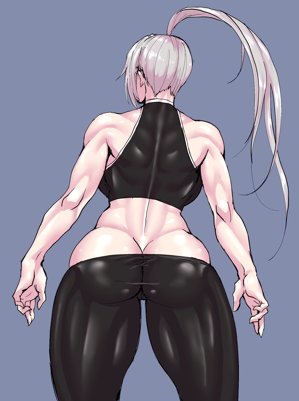 ass_cleavage back_muscles big_ass butt_crack crop_top deusa fei_wangfang female female_only fighter genderswap_(mtf) kengan_(series) kengan_omega long_hair muscular muscular_female muscular_thighs pale-skinned_female pale_skin ponytail rear_view rule_63 solo sports_bra sportswear thick_thighs tight_pants white_hair wide_hips