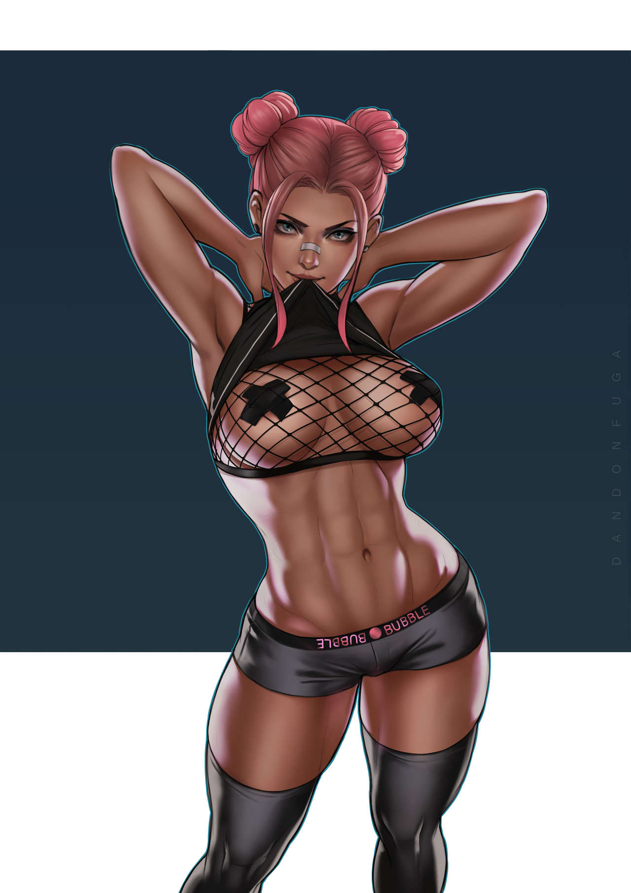 1girls, abs, armpits, arms behind head, big breasts, breasts, bubble (dandon fuga), cleavage, dandon fuga, dark skin, dark-skinned female, female, female only, fishnet top, fishnets, hot pants, large breasts, looking at viewer, muscular, muscular female, original, original character, pasties, pink hair, shorts, solo, tagme, thighhighs