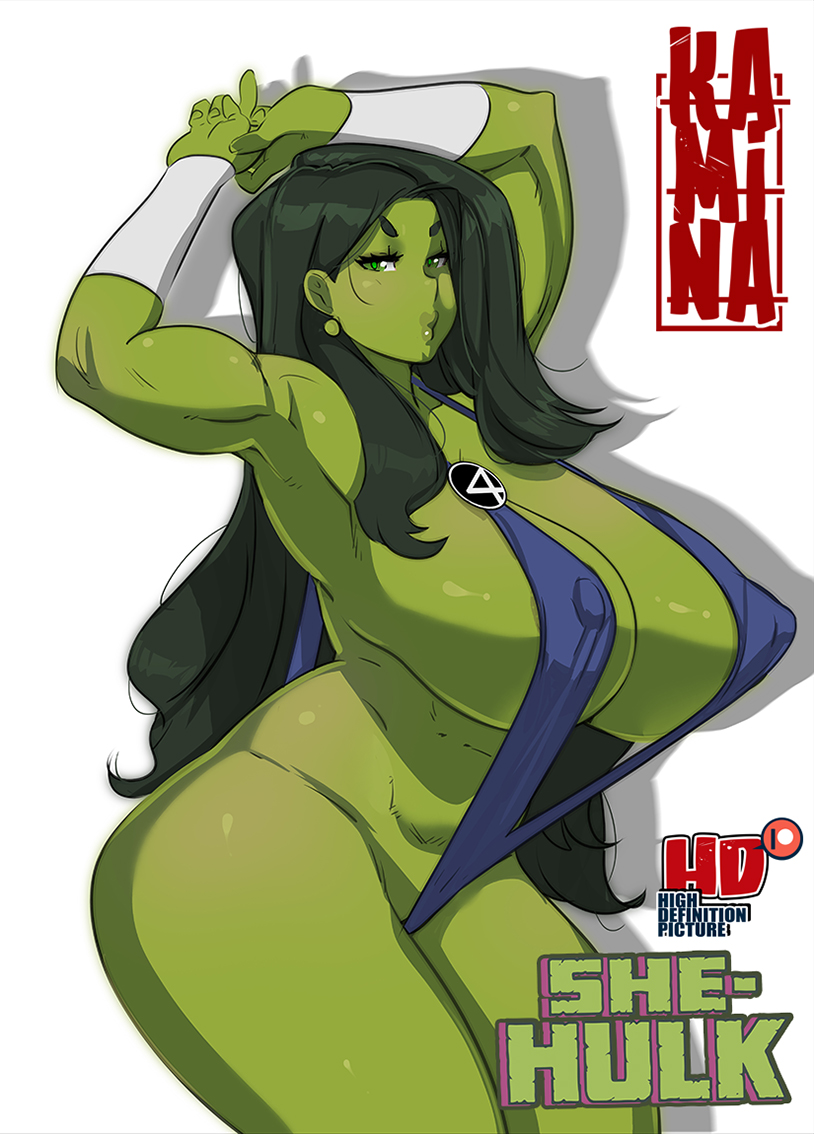 1girls areola_peeking artist_logo artist_name big_breasts bikini dark_green_hair erect_nipples_under_clothes female female_only giant_breasts green-skinned_female green_body green_eyes green_hair green_skin huge_breasts hulk_(series) kamina_(artist) long_hair looking_at_viewer marvel marvel_comics she-hulk sling_bikini solo voluptuous voluptuous_female white_background