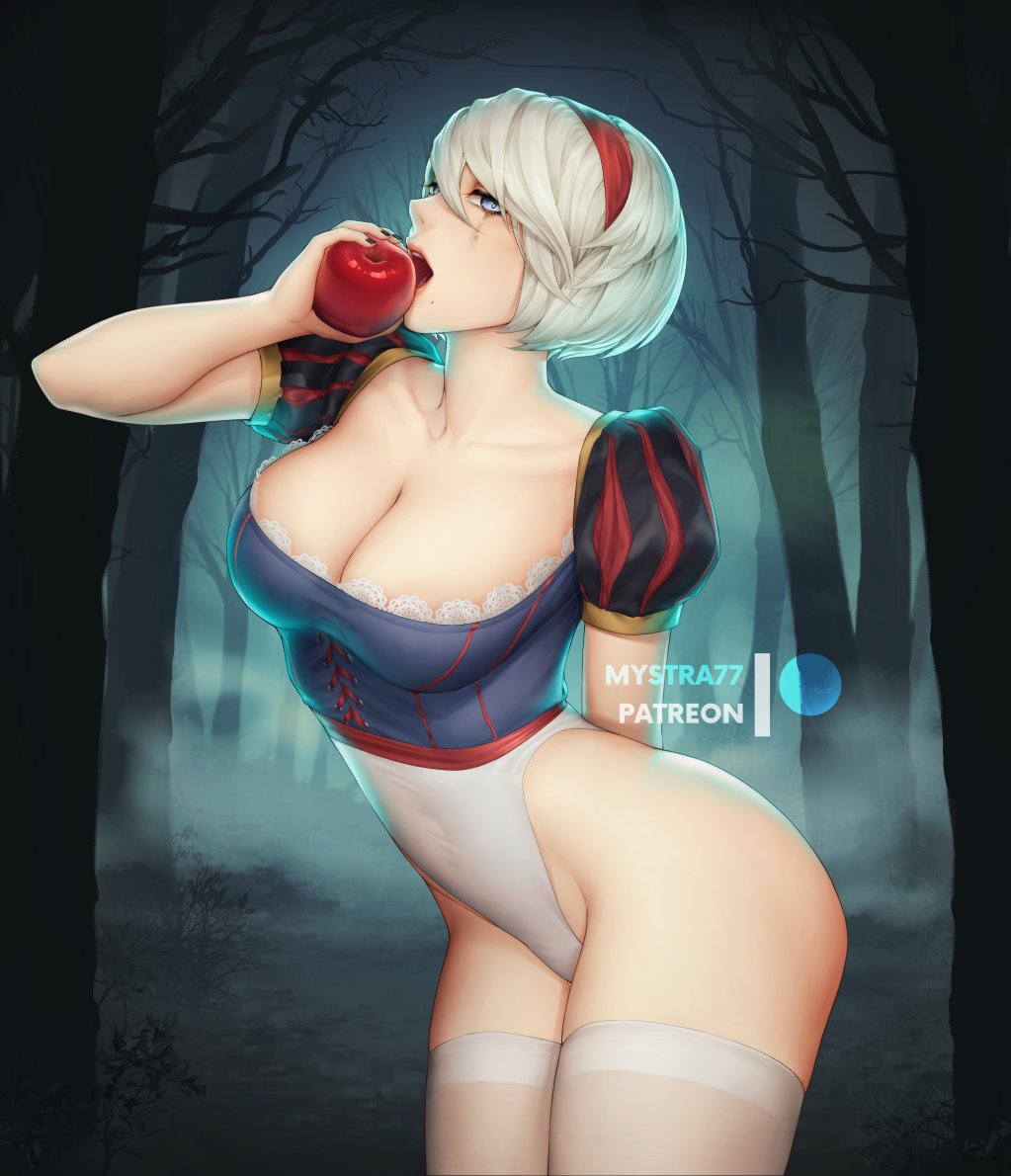 1girls apple blue_eyes cleavage cosplay crossover_cosplay female female_focus female_only hairband legwear looking_at_viewer mystra77 nier nier:_automata nier_(series) outdoors panties partially_clothed red_hairband short_hair snow_white_(cosplay) snow_white_and_the_seven_dwarfs white_hair white_legwear yorha_2b