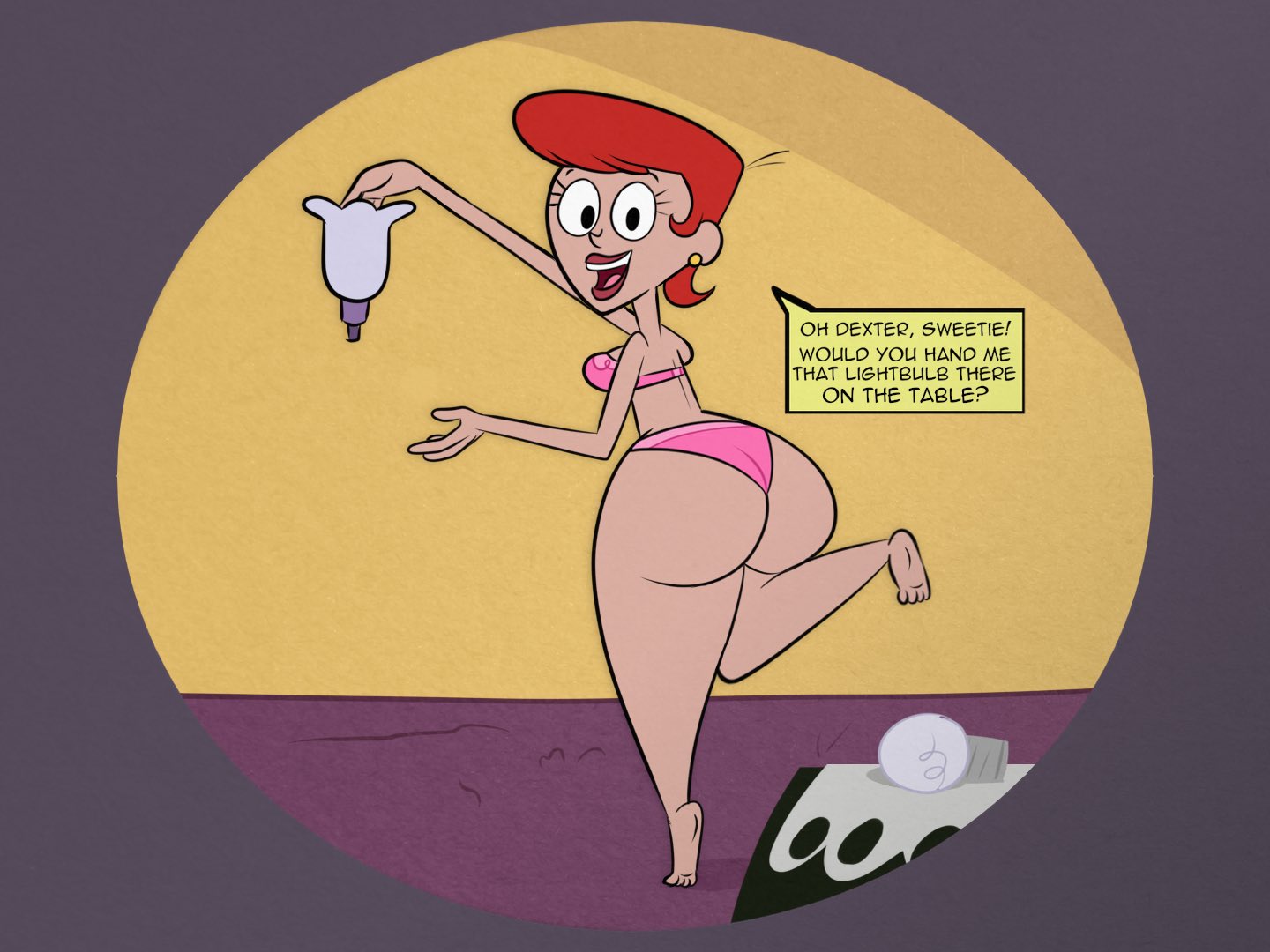 1girls, 2021, ass, barefoot, big ass, big breasts, bottom heavy, bra, breasts, canonical scene, cartoon network, commission, curvy, dexter's laboratory, dexter's mom, dialogue, earrings, english text, feet, female, huge ass, large ass, milf, name drop, narrow shoulders, panties, pink panties, red hair, scobionicle99, sideboob, standing, text, thick, thick thighs, thin arms, thin waist, toes, underwear, wide hips, x-ray vision