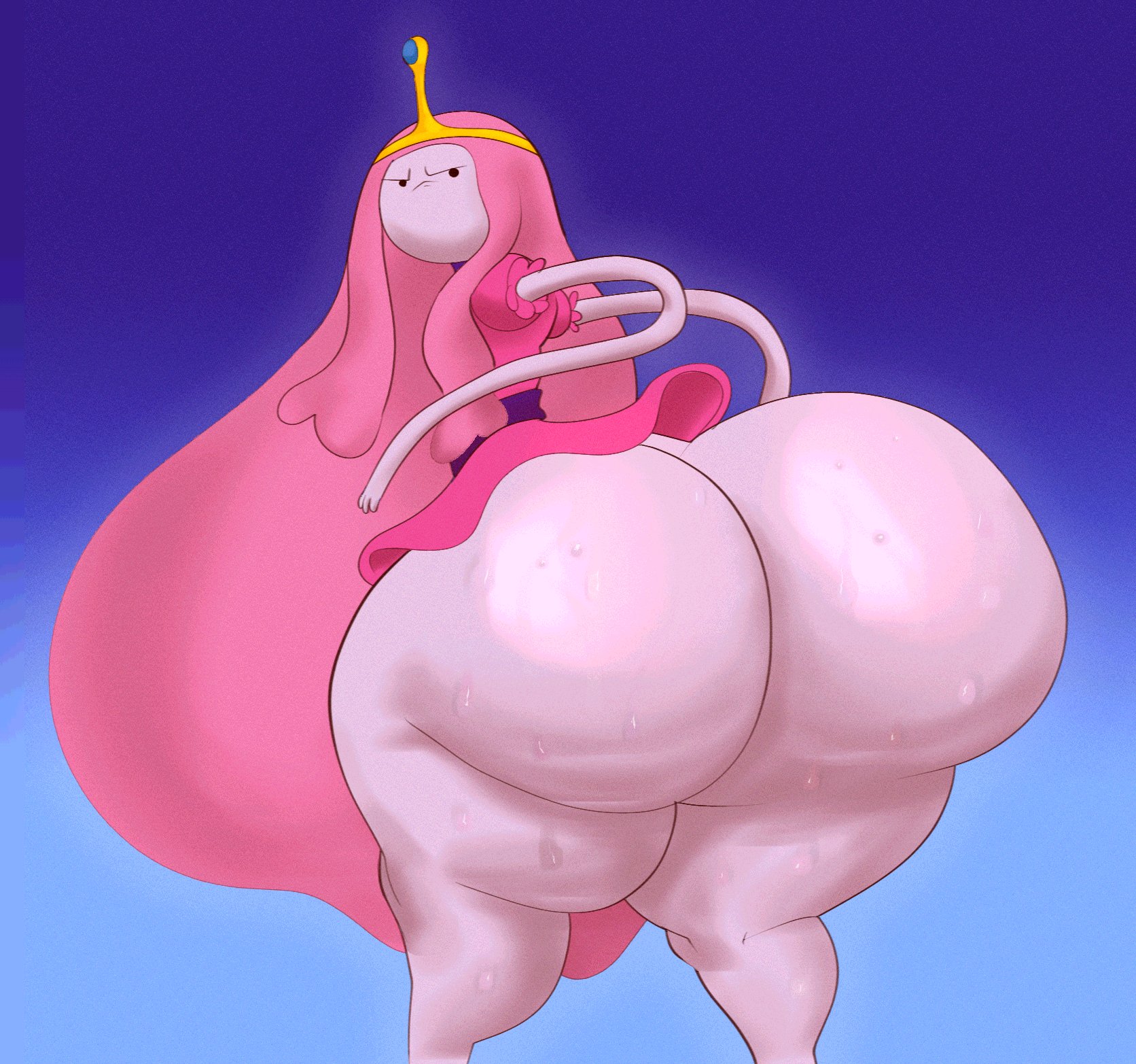 adventure time, ass, circlet, dress, dumptruck ass, fat ass, female, female only, from behind, gigantic ass, huge ass, looking at viewer, looking back, massive ass, no panties, pink dress, pink hair, pink skin, plump ass, princess bubblegum, sweat, thick ass, very long hair, zevix, zevixbunt