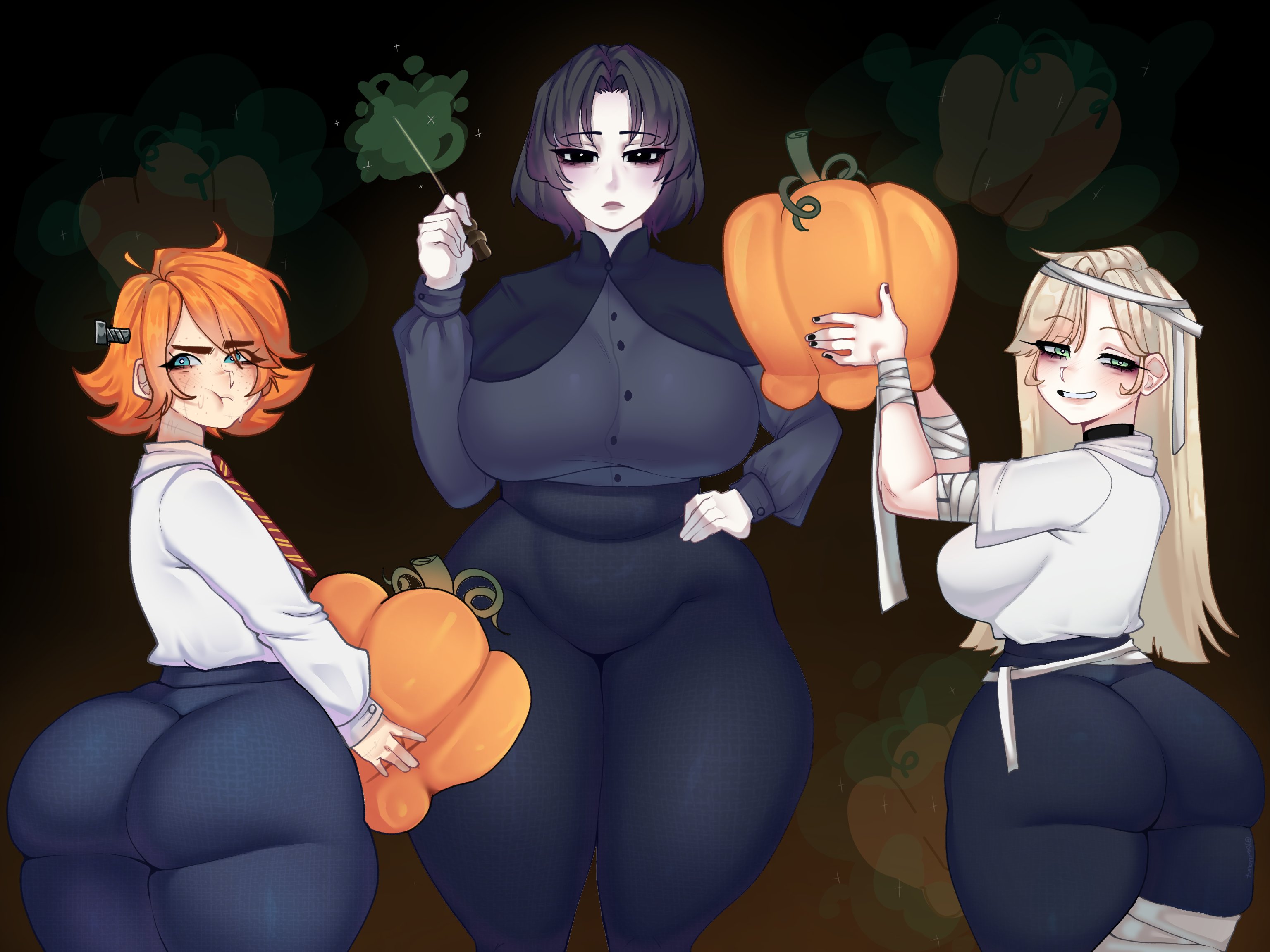 3girls, ass, big breasts, black nails, bottom heavy, breasts, child bearing hips, colored nails, draco malfoy, draco malfoy (redteneri), female, female focus, female only, genderswap, halloween, harry potter, huge ass, huge hips, huge thighs, large ass, large breasts, light skin, light-skinned female, looking at viewer, painted nails, pumpkin, ron weasley, rule 63, severus snape, thick thighs, thighs, wide hips, yawuarts
