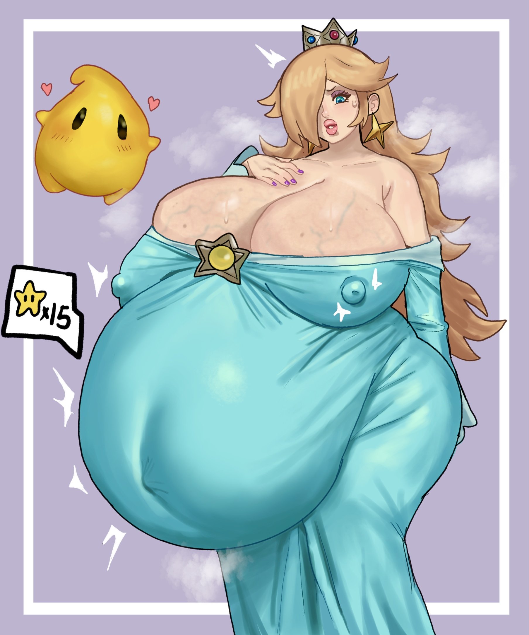 1girl, absurdres, bare shoulders, big belly, blonde hair, blue eyes, blush, breasts, cleavage, covered erect nipples, covered navel, crown, curvy, dress, earrings, eyeshadow, female focus, gigantic breasts, hair over one eye, heart, highres, hyper pregnancy, jewelry, lips, long hair, looking down, luma (mario), makeup, mario (series), nail polish, nintendo, off shoulder, off-shoulder dress, pregnant, pregnant with multiples, rosalina, scunnerturn, simple background, skindentation, solo, star (symbol), super mario galaxy, sweat, thick lips, thick thighs, thighs, veins, veiny breasts, wide hips