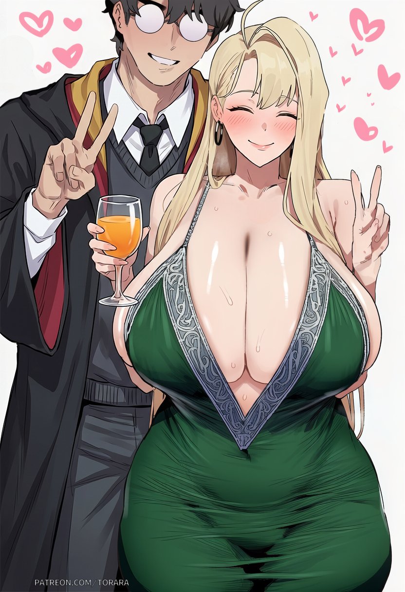 1boy, 1girls, ai generated, breasts, draco malfoy, draco malfoy (redteneri), female, female focus, genderswap, harry james potter, harry potter, large breasts, light skin, light-skinned female, looking at viewer, rule 63, thick thighs, thighs, toratora, wide hips