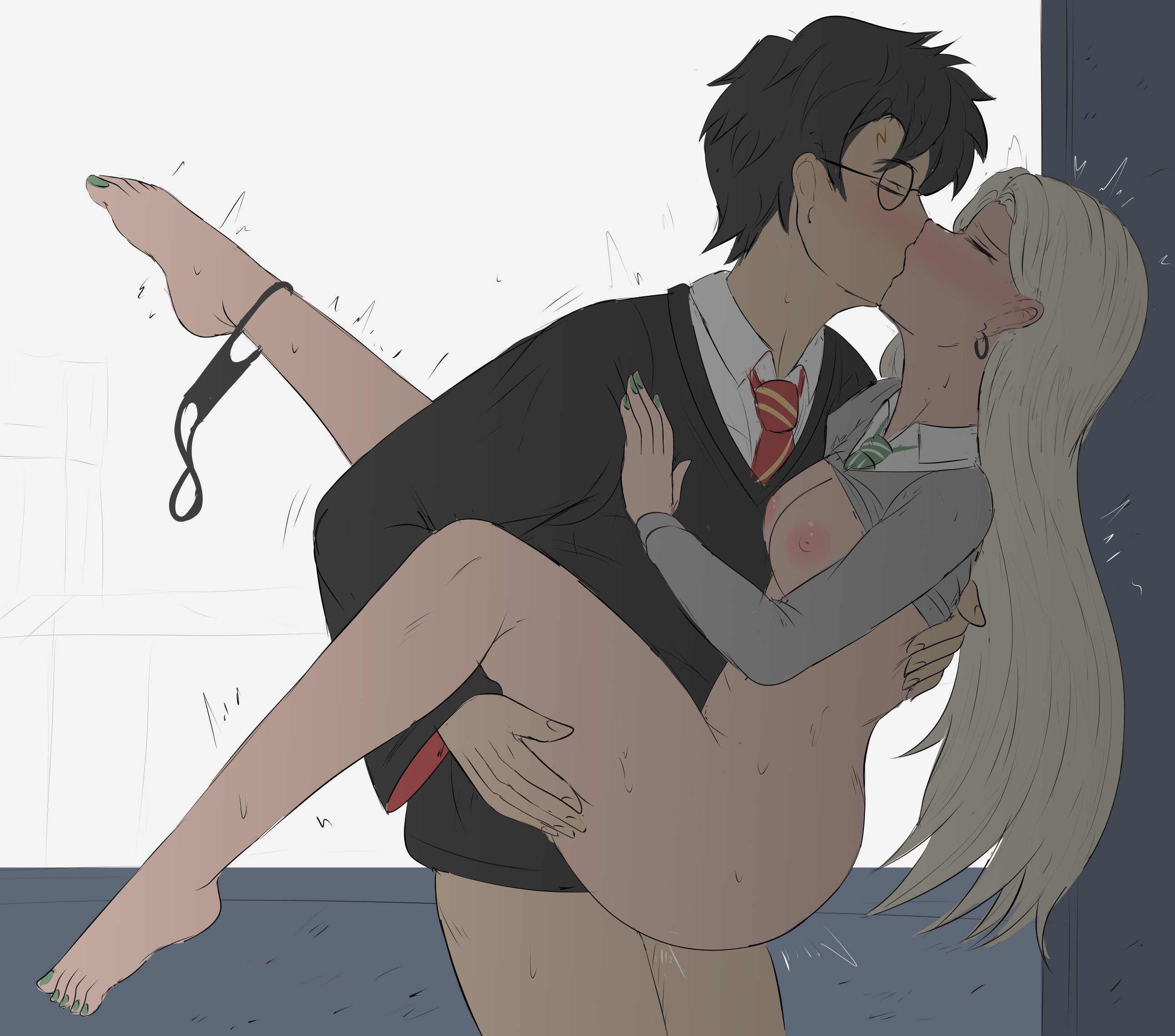 1boy, 1girls, breasts, draco malfoy, draco malfoy (redteneri), female, female focus, fuzzlogik, genderswap, girls, harry james potter, harry potter, hi res, large breasts, light skin, light-skinned female, looking at viewer, male, rule 63, sex, thick thighs, thighs, wide hips