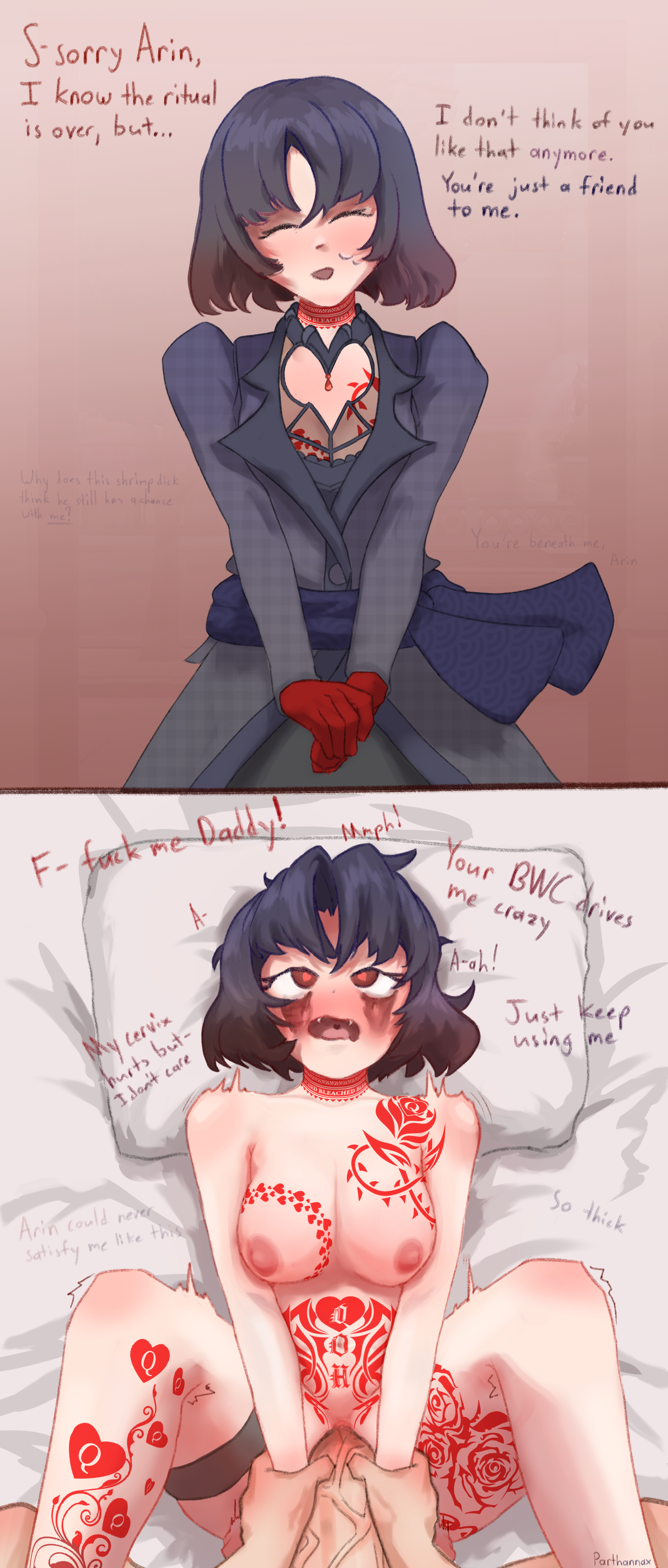 1boy, 1girls, 2koma, ahegao, bed, bleached, blush, bob cut, breasts, clothed, clothed to nude, comic, cuckold, dark hair, deadlock, dialogue, dress, fangs, female, grabbing arms, heart-shaped pupils, large penis, light skin, light-skinned female, light-skinned male, looking pleasured, makeup, male, male pov, male/female, mascara, medium breasts, messy hair, mina (deadlock), mina ha, missionary position, motion lines, netorare, nipples, ntr, nude, parthannax, pov, qoh, qoh tattoo, queen of hearts, red eyes, red gloves, runny makeup, sex, simple background, straight, tattoo, text, thigh strap, vaginal penetration, vaginal sex, valve, vampire, vampire girl