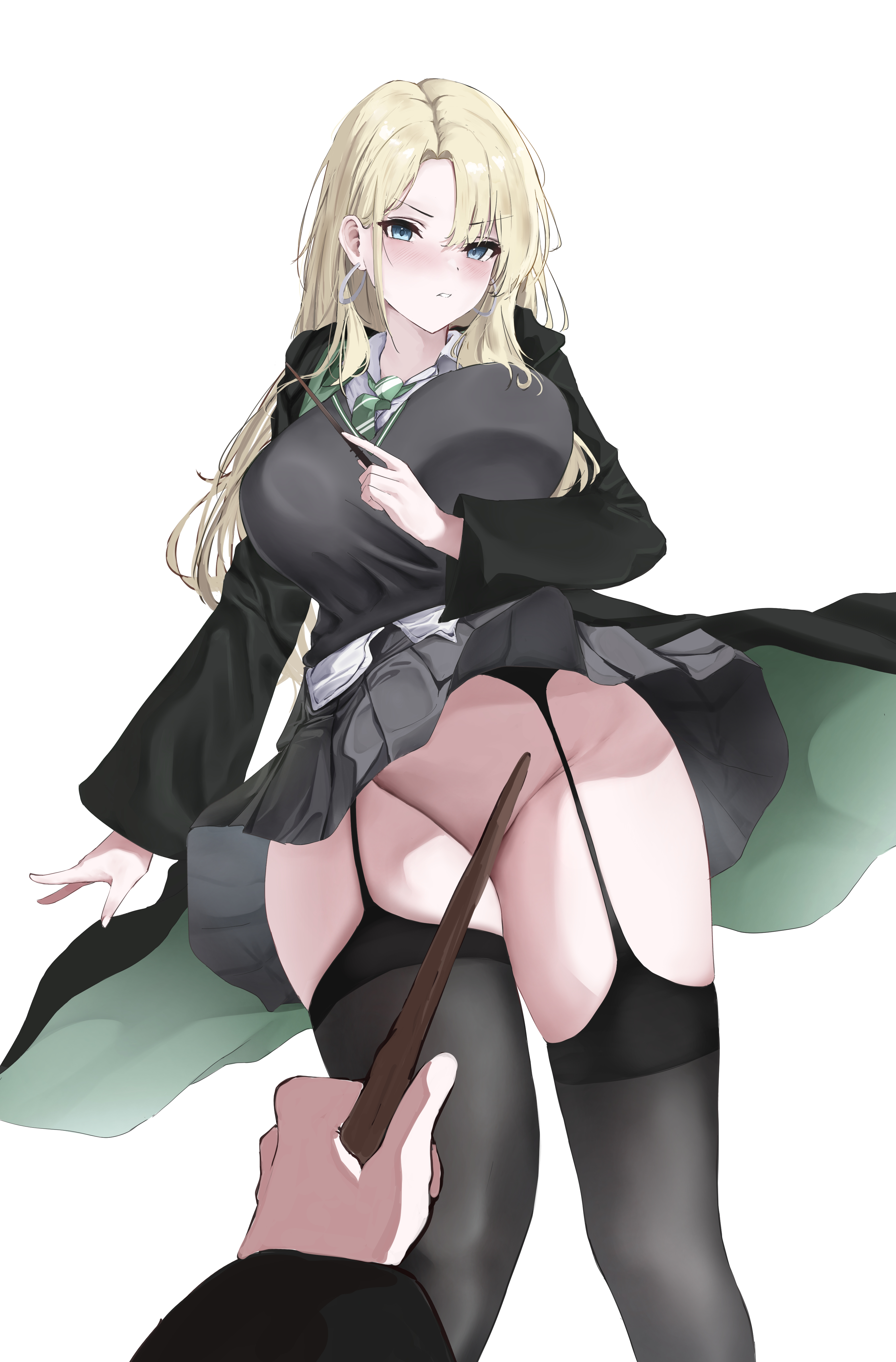 1boy, 1girls, breasts, draco malfoy, draco malfoy (redteneri), female, female focus, genderswap, harry potter, large breasts, light skin, light-skinned female, looking at viewer, male, meaowtakhe, mulmu, rule 63, school uniform, solo, thick thighs, thighhighs, thighs, wide hips