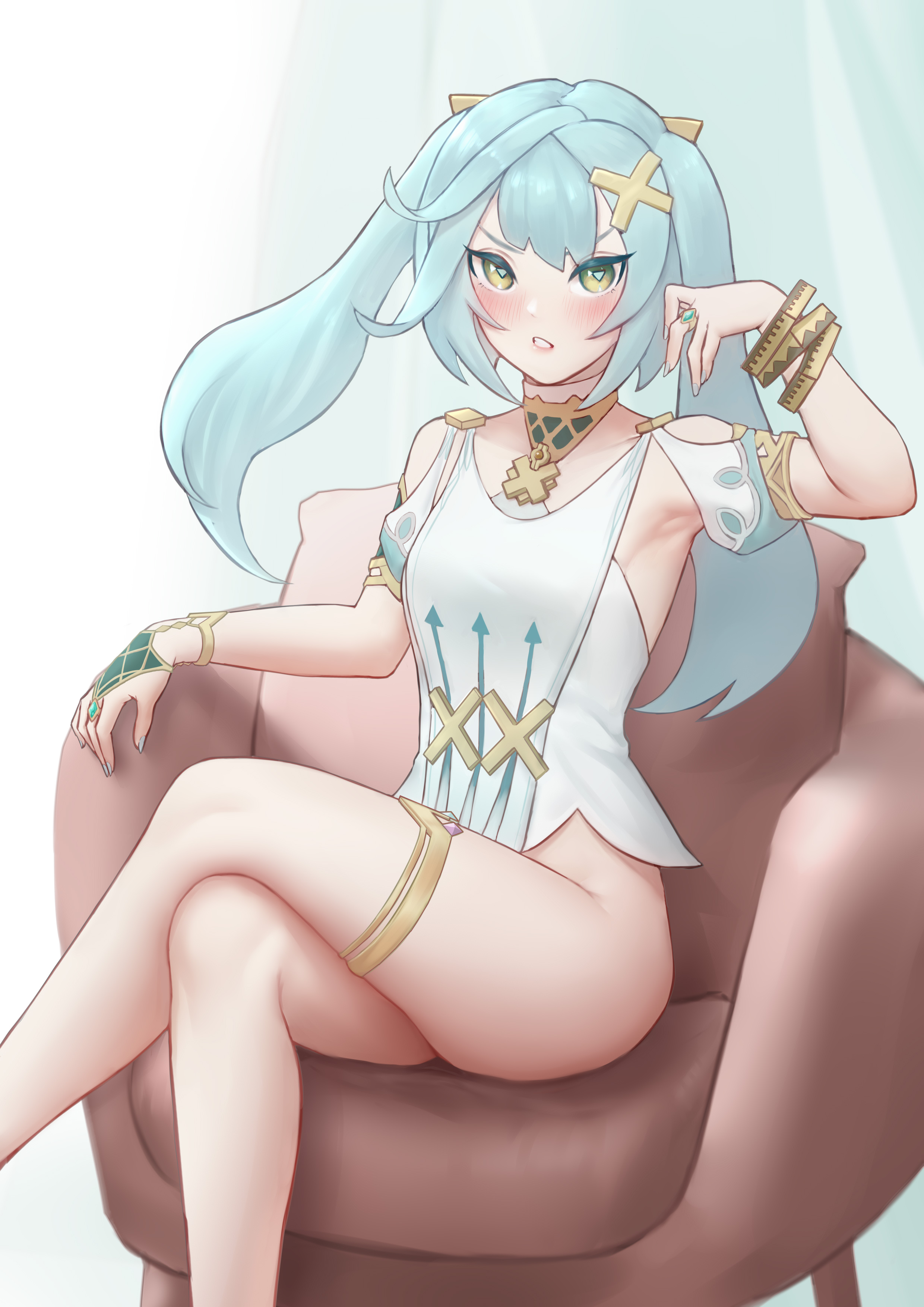 1girls, aqua eyes, aqua hair, aqua nails, armpits, bangs, bare legs, bare shoulders, blush, bottomless, bracelet, breasts, crossed legs, dress, faruzan (genshin impact), female, genshin impact, green eyes, hair ornament, hi res, jewelry, legs, long hair, looking at viewer, nail polish, no panties, nopan, parted lips, ring, sitting, small breasts, solo, thighlet, thighs, tied hair, twintails, white dress, x hair ornament