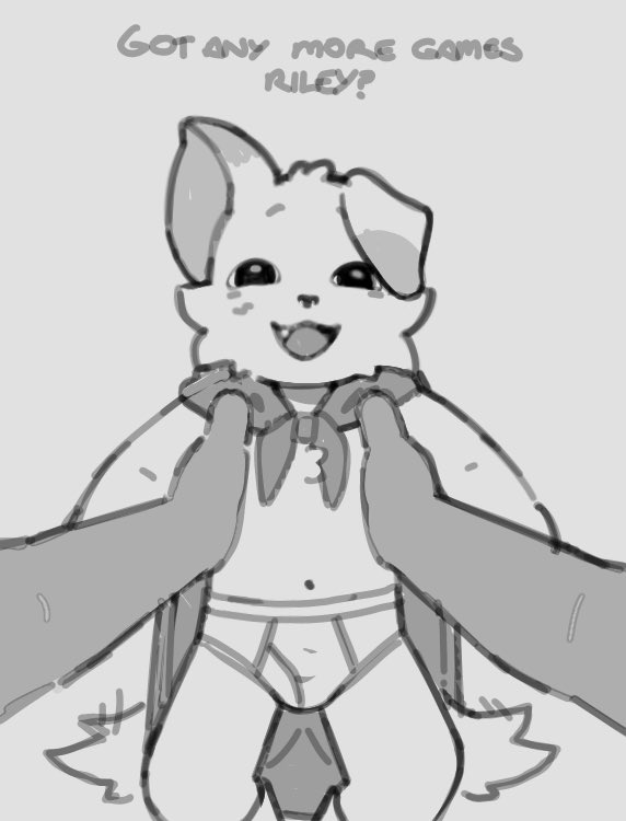 2boys, andy, anthro, anthro only, canid, canine, cape, cub, dog, floppy ears, furry, furry male, furry only, holding, holding partner, looking at viewer, male, male cub, male only, mascot horror, picking up, riley augestine, riley augestine(bruce bronze), staring at viewer, text, underwear, undies, wagging tail, young, young anthro, young male, younger anthro, younger male