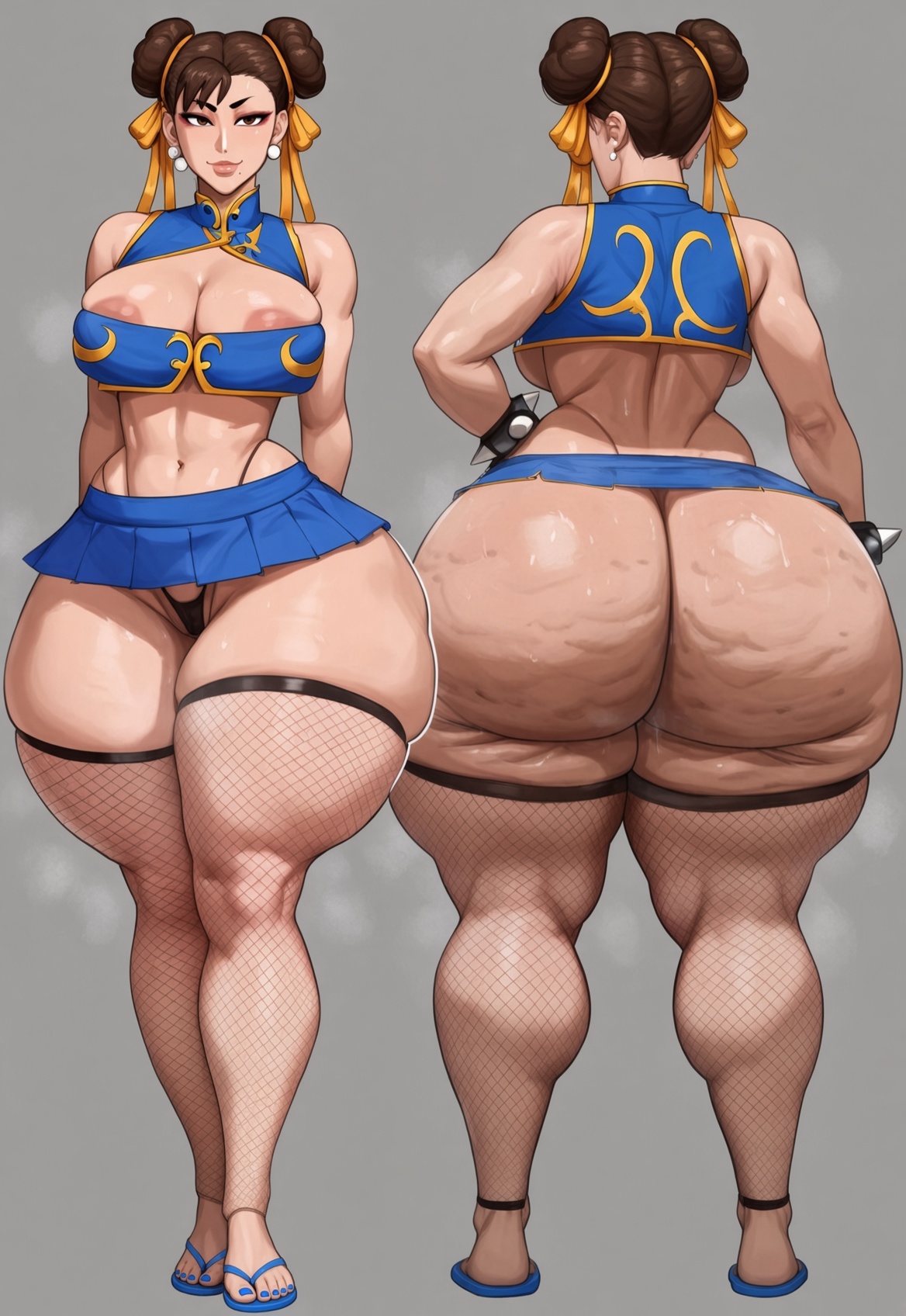 1girl, 1girls, ai generated, areolae, ass, ass focus, big ass, big breasts, big butt, blue toenails, booty, bottom heavy, breasts, breedable, brown eyes, brown hair, bubble ass, bubble butt, cameltoe, capcom, cellulite, child bearing hips, chun-li, cleavage, crop top, curvaceous, curvy, curvy figure, fat ass, feet, female, female only, fishnet legwear, fishnets, flip flops, front and back, hips, huge ass, microskirt, miniskirt, musk, musk clouds, oiled, oiled skin, pawg, pawg build, perfect ass, phat ass, sexy, sexy ass, sexy body, sexy female, skirt, slim waist, small waist, street fighter, street fighter 6, sweat, taiga20, thicc, thicc ass, thicc thighs, thick, thick ass, thick thighs, thong, voluptuous, voluptuous female, wet, wide ass