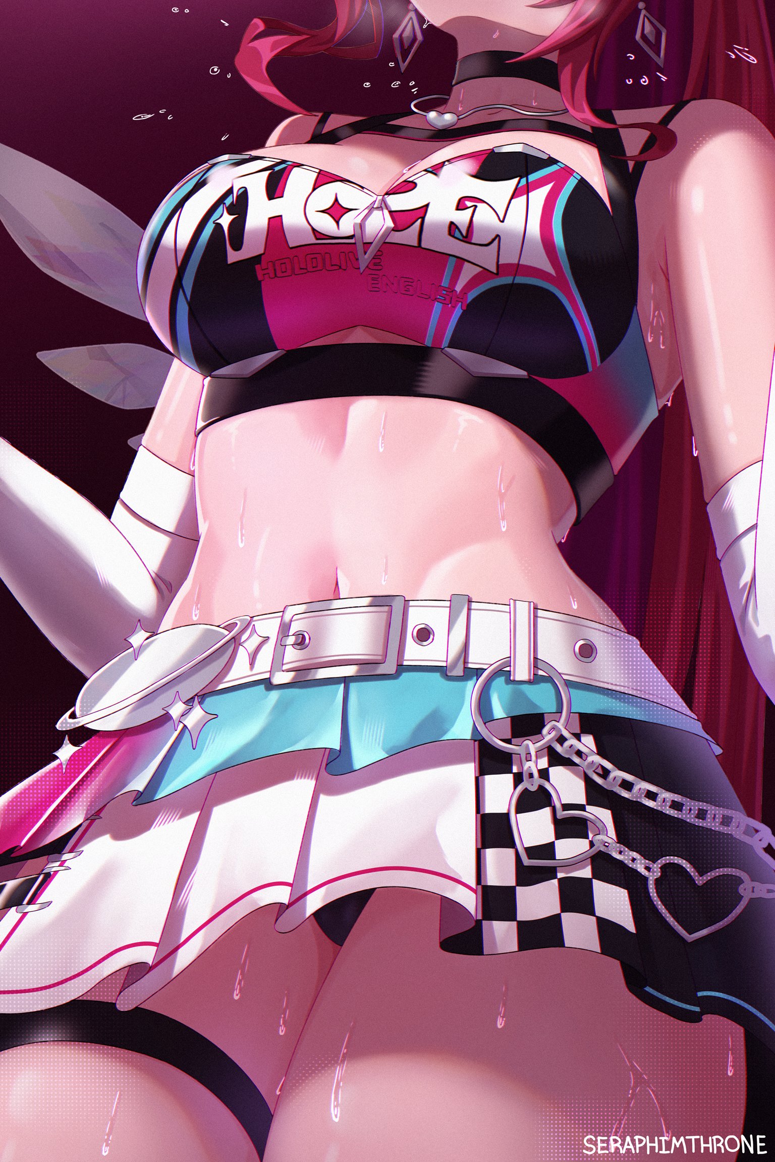 1girls, accessories, bare shoulders, belted skirt, big breasts, black panties, breast harness, breasts, chest harness, choker, cleavage, clothed, clothed female, crop top, crystal wings, curvy, curvy figure, ear piercing, earrings, face out of frame, female, female focus, from below, from below view, gloves, heart necklace, hips, hololive, hololive english, hololive english -promise-, hourglass figure, hourglass figured female, irys, irys (hololive), irys (race queenrys) (hololive), legs together, light skin, light-skinned female, long gloves, long hair, midriff, multicolored hair, narrow waist, navel, necklace, nephilim, panties, pierced ears, pink hair, race queen, red hair, seraphimthrone, shirt, short skirt, skirt, solo, solo focus, standing, sweat, sweating, sweaty arms, sweaty body, sweaty face, sweaty legs, sweaty thighs, thick thighs, thigh strap, thighs, thighs together, underboob, underboob cutout, upskirt, upskirt view, virtual youtuber, voluptuous, wide hips, zipper, zipper pull tab, zipper topwear