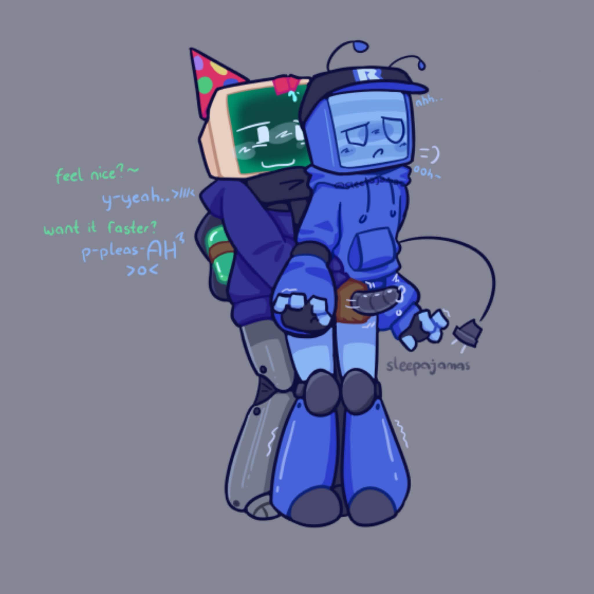 2boys, anonymous character, artist name, boy veeronica, dialogue, duo, english text, forsaken (roblox), gay, half nude, male, male only, male/male, non-human, non-human only, roblox, roblox game, robloxian, robot, robot boy, standing, text, toony, veeronica, yaoi