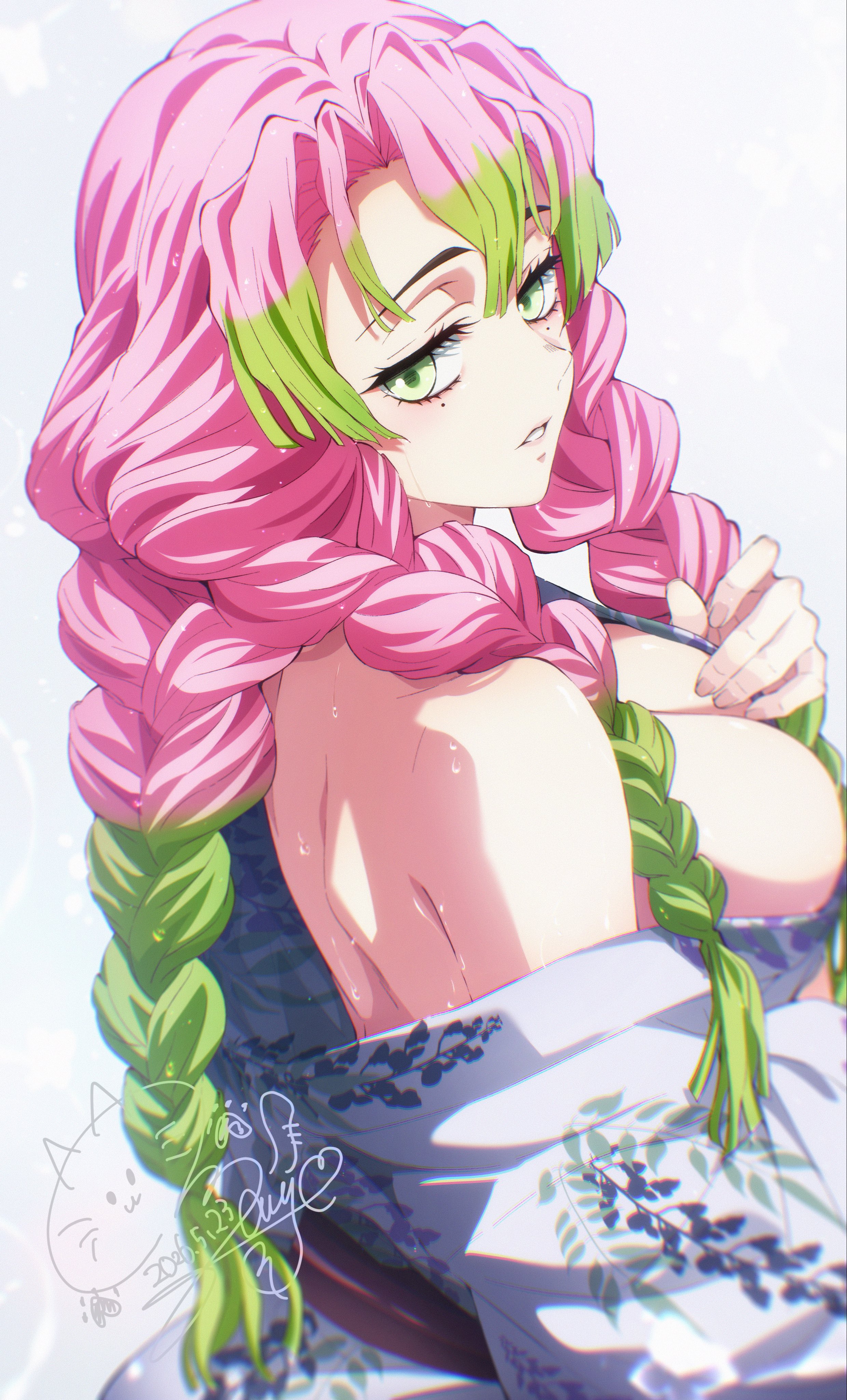 :3, 1girls, 2026, apple green hair, artist signature, big breasts, breasts, breasts out, commentary request, cute, dated, demon slayer, drawing, female, green eyes, green hair, japanese clothes, kanroji mitsuri, kimetsu no yaiba, large breasts, long hair, mitsuri kanroji, mole under eye, pink hair, pink-haired female, signature, two tone hair, two-tone hair, wet, wet clothes