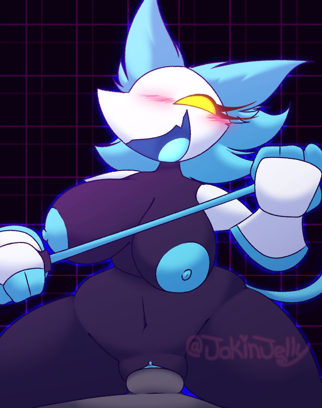 black body, blushing, cat, cowgirl position, darkner, deltarune, floating hands, jokinjelly, nude, sex, smiling, tasque manager (deltarune), whip