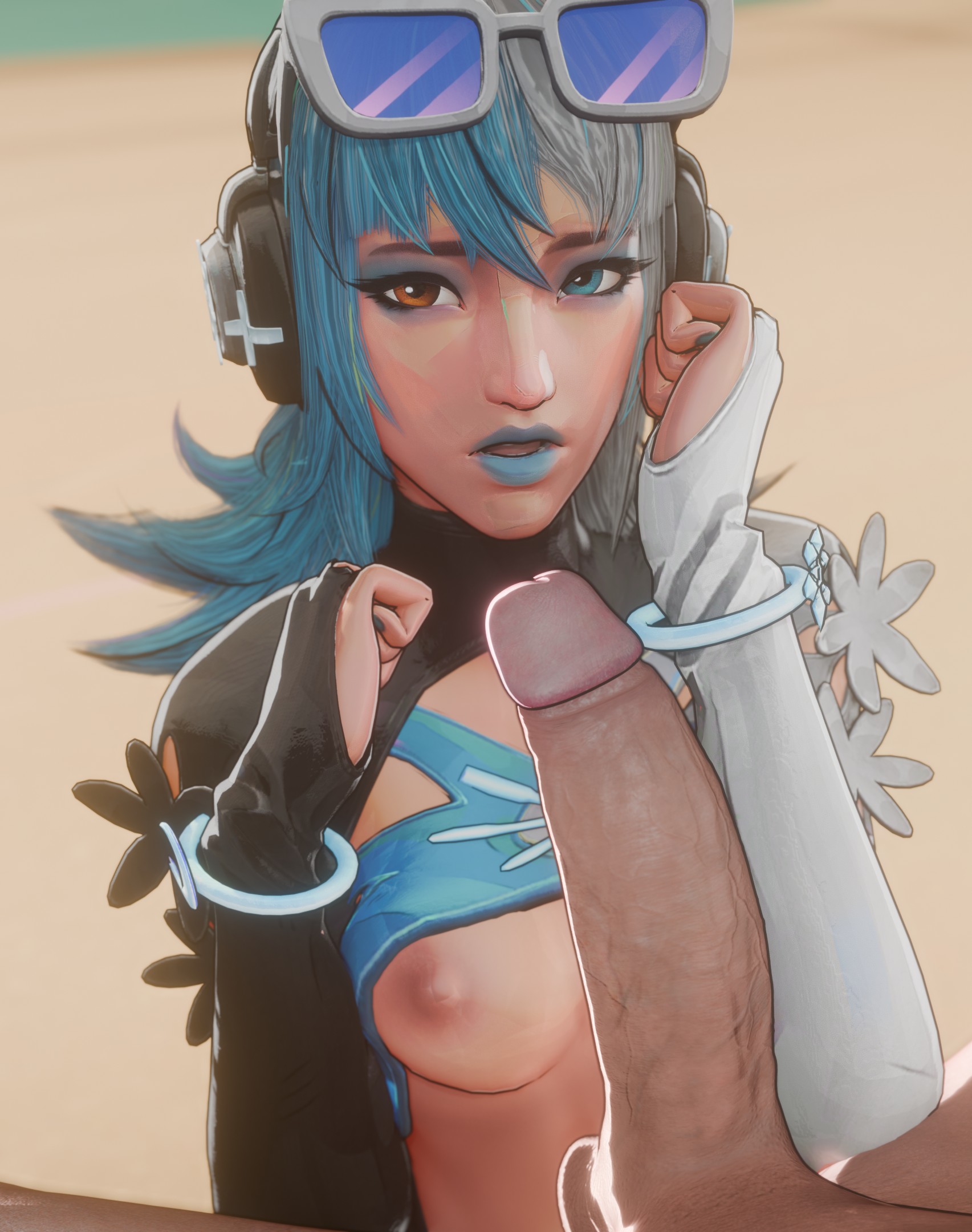 1boy, 1girls, 3d, 3d (artwork), beach, big penis, blue hair, breasts out, female, forearm cock, heterochromia, huge cock, imminent oral, imminent sex, light skin, light-skinned female, light-skinned male, looking at viewer, luna snow, luna snow (cool summer), luna snow (marvel rivals), madrugasfm, male pov, marvel, marvel rivals, medium breasts, nude, nude male, penis awe, pov, public sex, shirt lift, straight