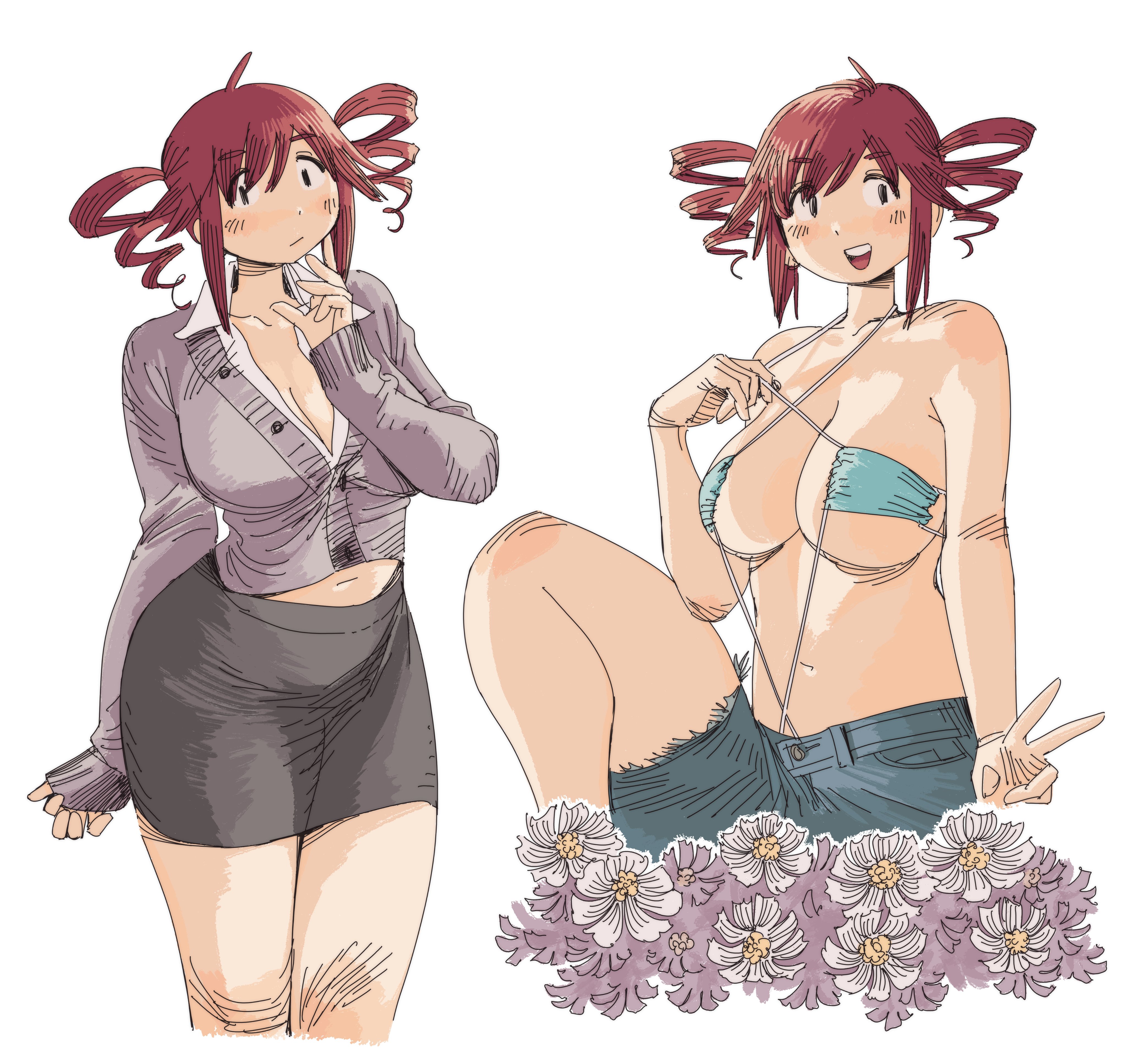 1girls, 2d, 2d (artwork), 2d artwork, ahoge, belly, big breasts, big thighs, bikini, blush, breasts, cardigan, casual, cleavage, closed mouth, clothed, clothed female, clothing, collared shirt, curvaceous, curvy, curvy female, curvy figure, daisy dukes, denim, denim shorts, drill hair, female, female focus, female only, flower, flowers, fully clothed, grey cardigan, grey skirt, hair between eyes, heidi central, huge breasts, jeans, kasane teto, large breasts, long sleeves, looking at viewer, mask bikini, midriff, multiple views, navel, office clothing, office lady, open mouth, pencil skirt, pulling own clothes, red hair, shirt, short hair, shorts, sidelocks, simple background, skirt, sleeves past wrists, solo, square bikini, swimsuit, synthesizer v, thick thighs, twin drills, twintails, twitter, v, vocaloid, voluptuous, voluptuous female, white background, white shirt, wide hips