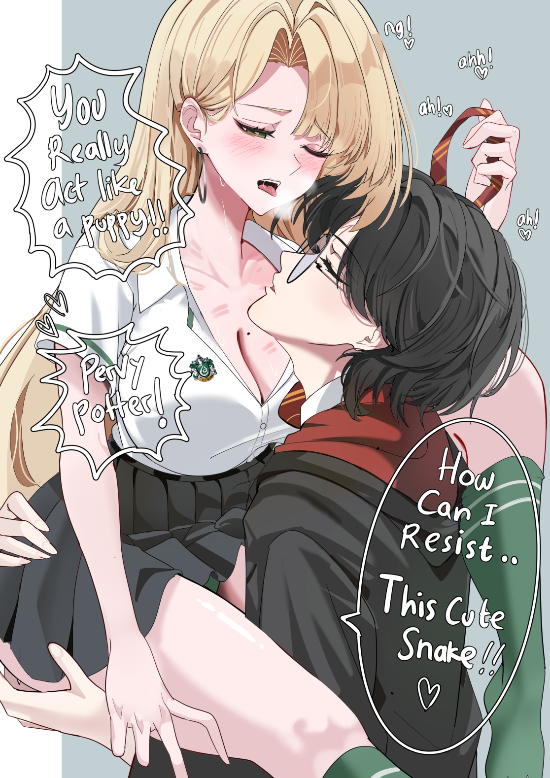 1boy, 1girls, artist request, breasts, draco malfoy, draco malfoy (redteneri), female, female focus, genderswap, girls, harry james potter, harry potter, hi res, kissing, large breasts, light skin, light-skinned female, looking at viewer, male, rule 63, thick thighs, thighs, tsundere, wide hips