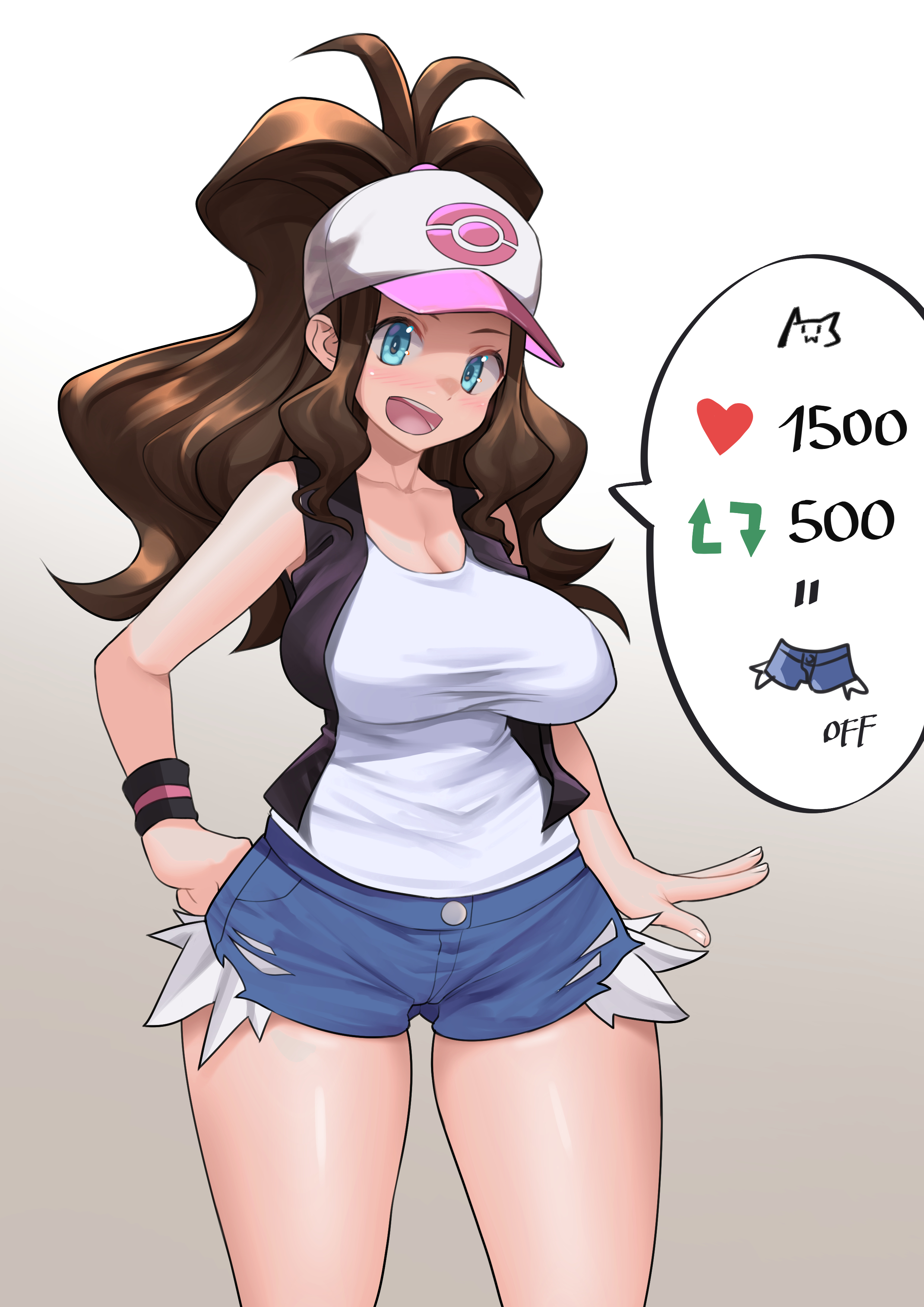 1girls, achromaru, aged up, blue hair, booty shorts, breasts, female, hat, hilda (pokemon), jean shorts, large breasts, light skin, light-skinned female, long hair, nintendo, pokemon, pokemon bw, ponytail, short shorts, shorts, slim waist, smile, solo, speech bubble, strip game, tank top, thick thighs, vest