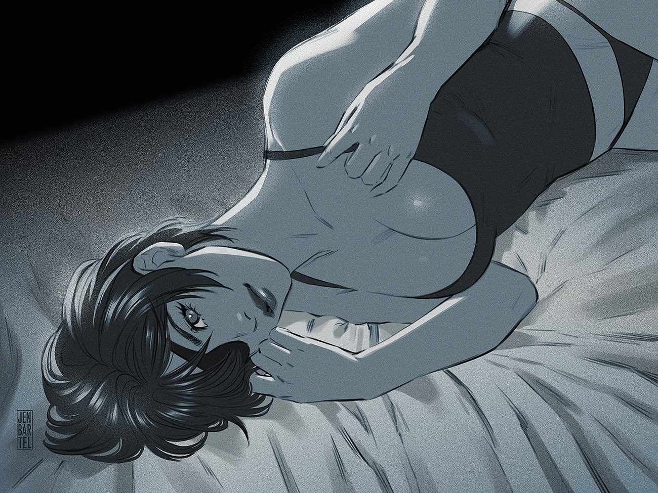 1girls, bedroom, big breasts, breasts, chainsaw man, cleavage, eyepatch, female, female only, himeno (chainsaw man), jen bartel, looking at viewer, lying, lying down, lying on side, mappa, midriff, night, solo, thick thighs