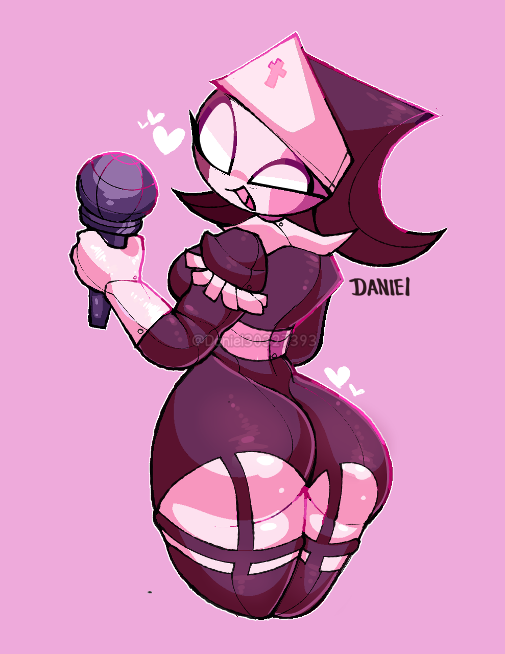 1girls, ass, ass focus, big ass, big breasts, big butt, big thighs, breasts, clothed, clothing, cute, cute face, danielito, female, female only, friday night funkin, friday night funkin mod, happy, happy female, nun, nun outfit, nun's habit, pink background, pink nose, pink skin, sarvente (dokki.doodlez), sarvente (friday night funkin), simple background, white eyes