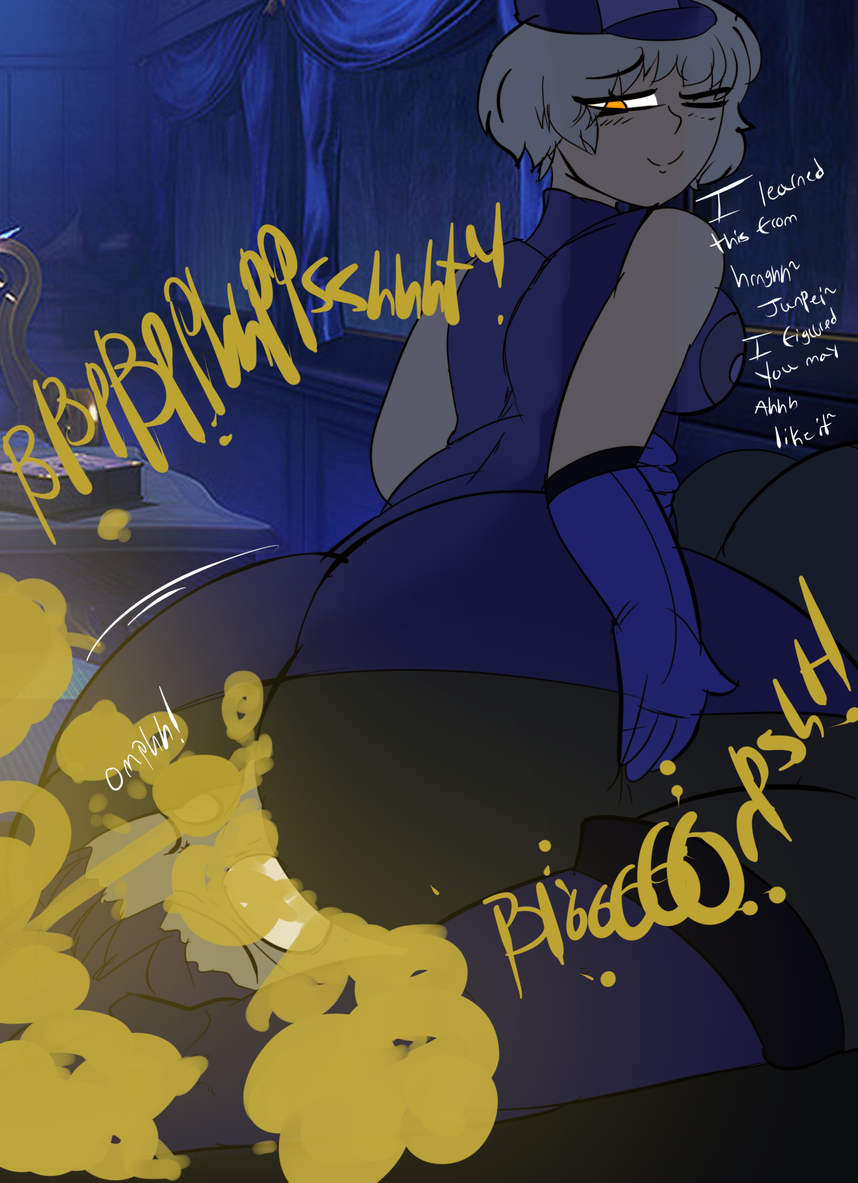 1boy, 1girls, armwear, ass, ass on face, big ass, big butt, blue gloves, character request, elizabeth (persona), english text, facefart, facesitting, fart, fart cloud, fart fetish, farting, farting in face, female, gloves, grabbing own ass, hat, looking back, male, melissaalli, one eye closed, orange eyes, persona, persona 3, rear view, short hair, smile, text, thick thighs, white hair
