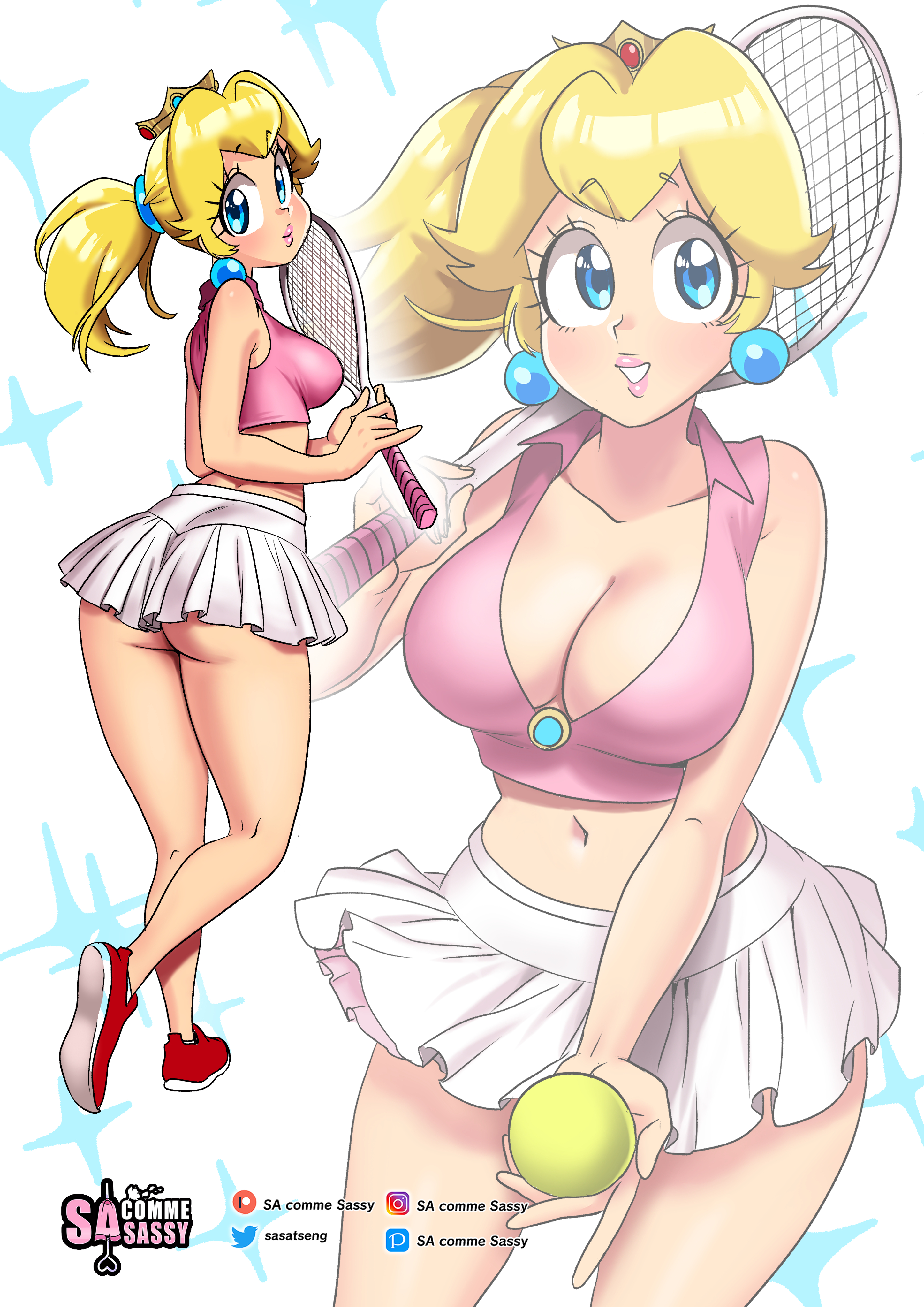 1girls, absurd res, blonde hair, blue eyes, cleavage, crown, earrings, female, female only, fully clothed, long hair, looking at viewer, mario (series), mario tennis, nintendo, pink lips, pink lipstick, ponytail, princess peach, sasatseng, skirt, smiling, smiling at viewer, solo, tennis ball, tennis racket, tennis uniform, underass