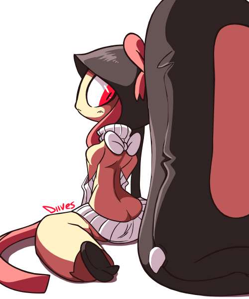 1girls anthro ass_cleavage back black_hair butt_crack color cute digital_drawing_(artwork) digital_media_(artwork) diives female female_only gaghiel_(diives) looking_back mawile nintendo pokemon pokemon_(species) ponytail red_eyes simple_background virgin_killer_sweater