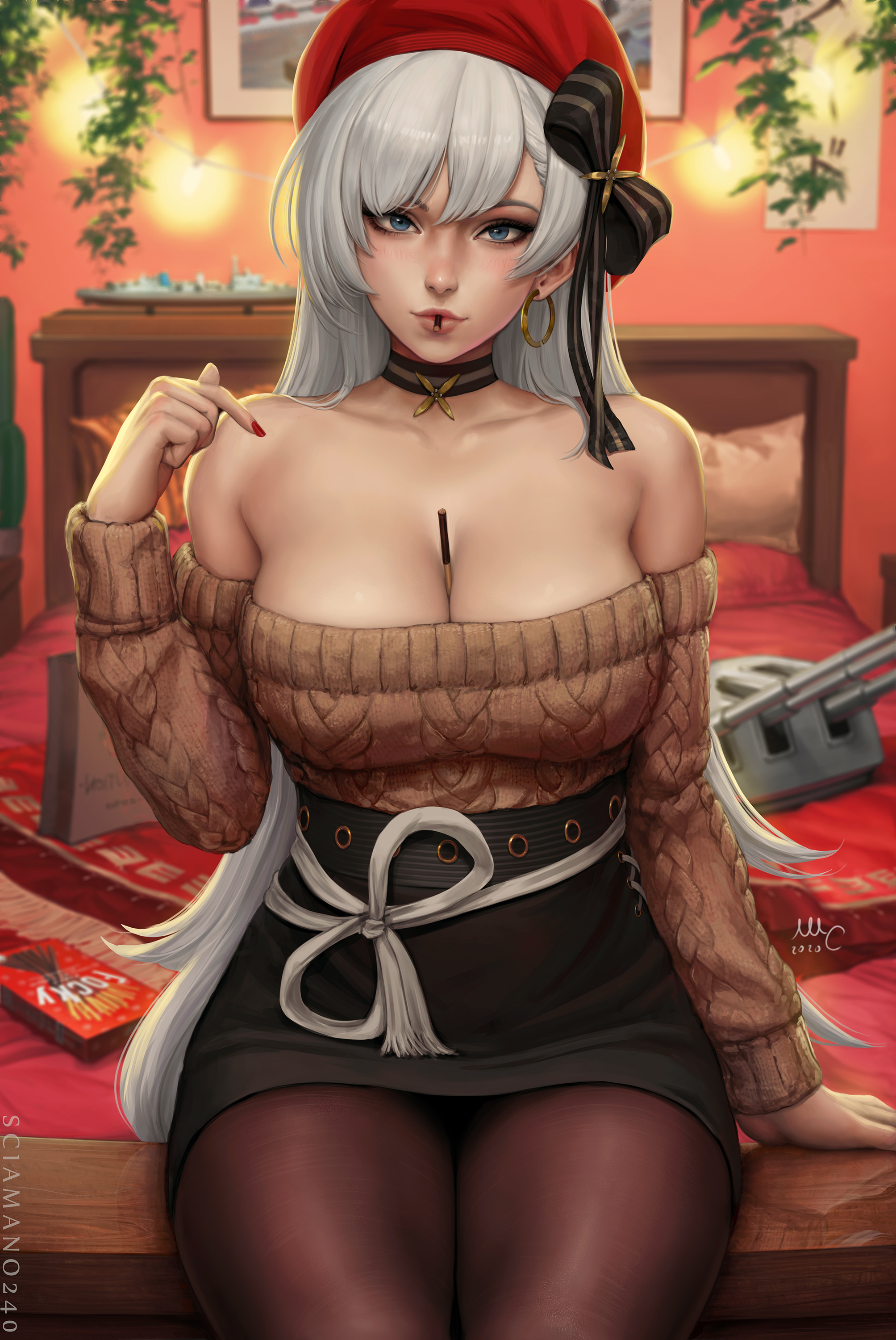 1girls, 2020, 2020s, arm support, arm up, artist name, artist signature, azur lane, bangs, bare shoulders, bed, bed covers, bed sheet, bedding, bedding background, bedroom, bedroom eyes, bedroom setting, bedsheets, belfast (azur lane), belfast (shopping with the head maid) (azur lane), beret, big breasts, black ribbon, black skirt, blue eyes, blush, blushing at viewer, breasts, brown sweater, choker, collarbone, earrings, female, grey hair, hartman hips, hi res, high resolution, highres, hourglass figure, large breasts, legwear, long hair, looking at viewer, mirco cabbia, pantyhose, pinup, pocky, red beret, red nails, sciamano240, skirt, thick thighs, thighs, tight clothes, tight clothing, tight fit, tight skirt, very long hair, white hair, wide hips