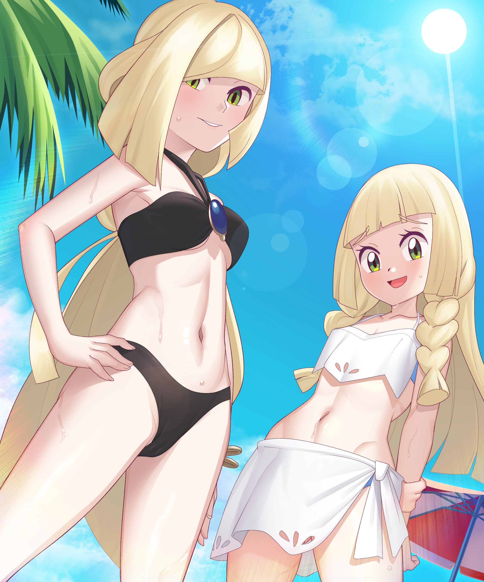 2girls, alternate version available, bikini, bikini bottom, bikini top, black bikini, blonde hair, braid, braided hair, breasts, daughter, female, female only, game freak, gazing eye, green eyes, hair, hand on hip, lillie (pokemon), long hair, lusamine (pokemon), mature, mature female, milf, mother, mother and daughter, pokemon, pokemon sm, sarong, smile, swimsuit, swimwear, wet, wet body, white bikini