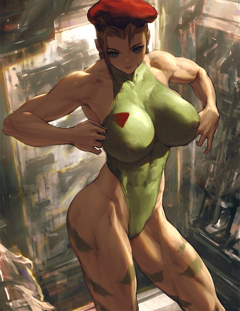 1girls abs big_breasts blonde_hair blue_eyes braid breasts busty cammy_white child_bearing_hips covered_navel infi_mt large_breasts legs leotard muscular muscular_female solo street_fighter thick_thighs thighs twin_braids voluptuous