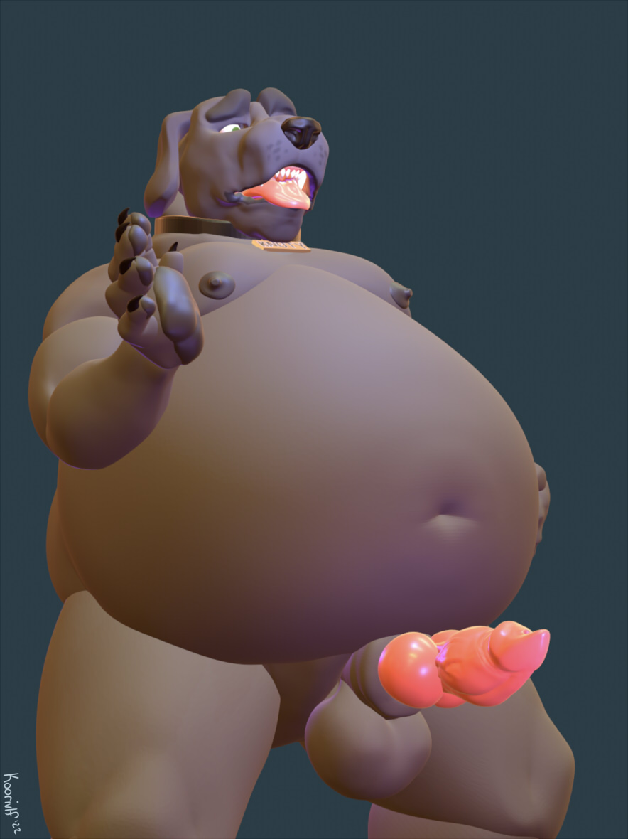 3d_(artwork) after_transformation animal_genitalia animal_penis anthro balls belly black_nose canid canine canine_penis canis chubby_anthro chubby_male collar dark_grey_fur digital_media_(artwork) domestic_dog english_text gay genitals handpaw knot knoty_dog_(koorivlf) male male_only mammal navel nipples nude open_mouth overweight pawpads paws penis red_penis sheath signature simple_background teeth text tongue vein veiny_penis weight_gain