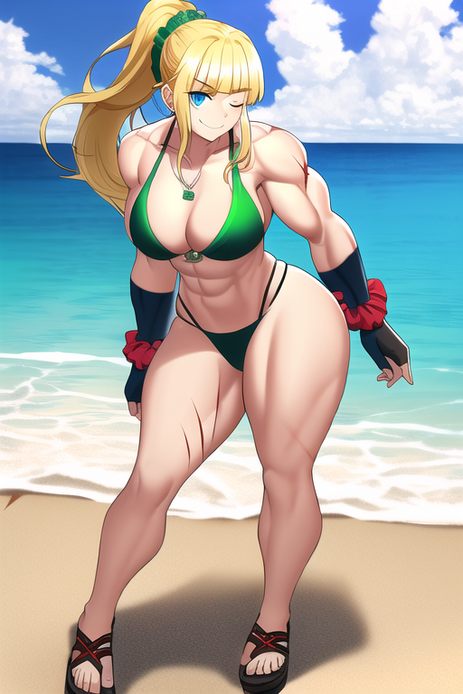 1girls 2022 abs ai_generated aqua_eyes beach biceps big_ass big_butt bikini black_gloves blonde_hair clenched_teeth dragunov_(metal_slug) female female_focus female_only green_bikini green_panties green_underwear hi_res high_resolution highres long_hair looking_at_viewer medium_breasts metal_slug metal_slug_attack muscular muscular_female nai_diffusion one_eye_closed ponytail scar scars seductive small_bikini snk stable_diffusion thick thick_ass thick_thighs