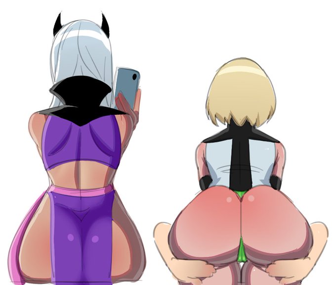 2girls ass_visible_through_clothes ben_10 ben_10_omniverse ben_10_ultimate_alien blonde_hair charmcaster devil_horns donchibi eunice eunice_(ben_10) exposed_back female gloves grabbing_own_ass long_hair midriff multiple_girls panties phone popped_collar short_hair silver_hair taking_picture thighs white_background