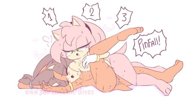 2girls, amy rose, breasts, catfight, color, digital drawing (artwork), digital media (artwork), diives, domination, female, multiple females, multiple girls, nude, nude female, one leg raised, pussy, sega, sexfight, simple background, sonic (series), sticks the badger, text, wrestling, yuri