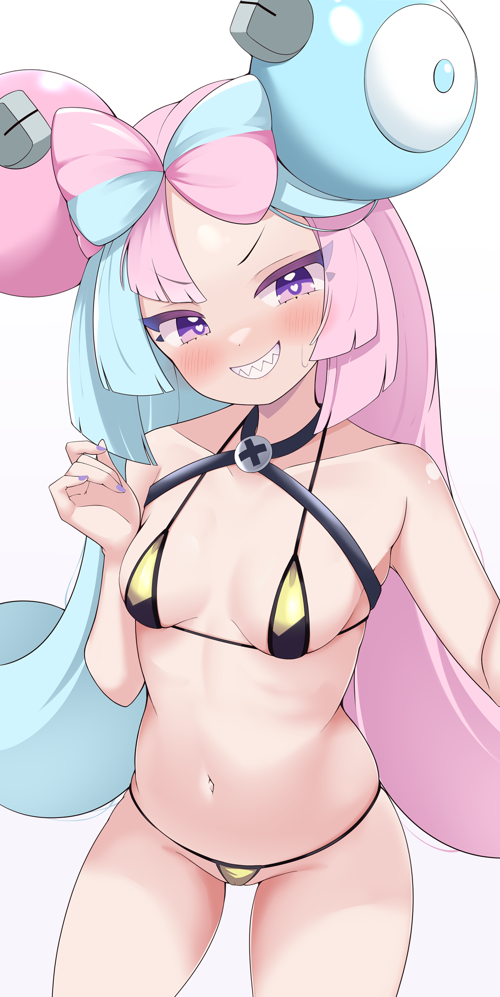 1girls alternate_version_available bikini_top blue_hair breasts choker cocozasa female iono_(pokemon) light-skinned_female light_skin long_hair medium_breasts nintendo pink_eyes pink_hair pointy_teeth pokemon pokemon_sv smile solo solo_female thighs twintails two_tone_hair