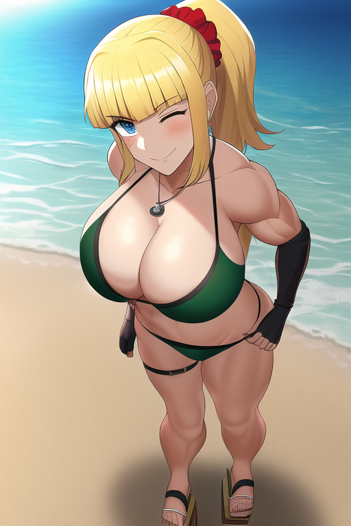 1girls 2022 ai_generated aqua_eyes beach biceps big_ass big_butt bikini black_gloves blonde_hair blush dragunov_(metal_slug) female female_focus female_only fingerless_gloves green_bikini green_bra hi_res high_heels highres huge_breasts long_gloves looking_at_viewer metal_slug metal_slug_attack muscular muscular_female nai_diffusion nails one_eye_closed ponytail snk stable_diffusion thick_ass thick_thighs thighs viewed_from_above