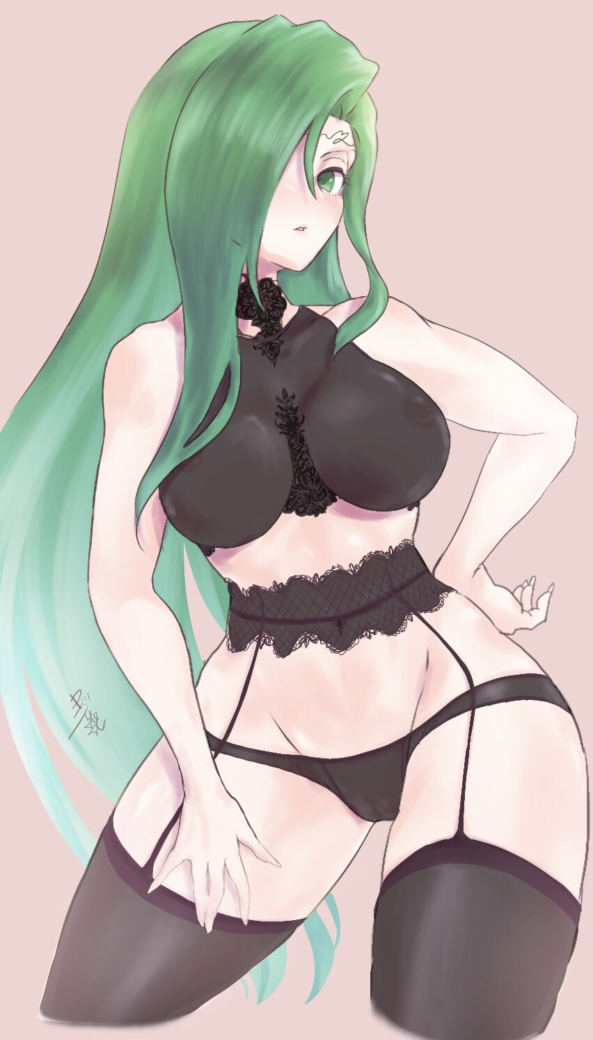 1girls annand_(fire_emblem) areolae bare_midriff bare_thighs black_panties breasts female female_only fire_emblem fire_emblem:_genealogy_of_the_holy_war green_eyes green_hair hair_over_one_eye large_breasts lingerie long_hair looking_at_viewer midriff nintendo nipples panties partially_visible_vulva pose pussy see-through solo ta_dasu_(tadasu_hayashi) thick_thighs thighhighs thighs underwear very_long_hair wide_hips