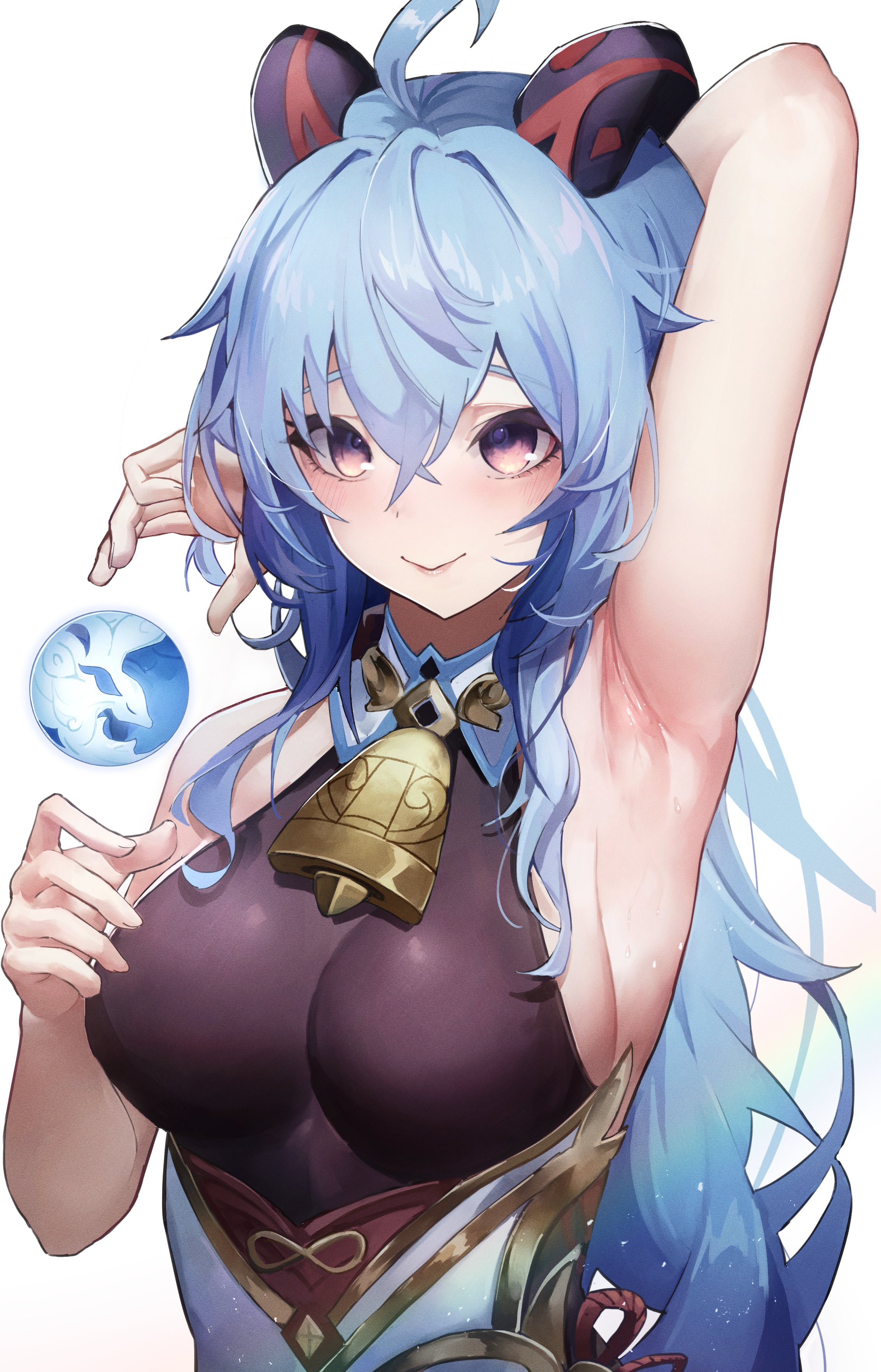 1girls, ahoge, armpit crease, armpit fetish, armpits, arms behind back, arms up, big breasts, blue hair, blush, breasts, china dress, chinese clothes, curvy, female, ganyu (genshin impact), genshin impact, hand behind head, horn, horns, hourglass figure, huge breasts, large breasts, lipstick, long hair, looking at viewer, megu (pixiv9460065), presenting armpit, seducing, seductive, seductive eyes, seductive gaze, seductive look, seductive mouth, seductive pose, seductive smile, sideboob, sleeveless, smile, smiling, smiling at viewer, solo, sweat, voluptuous