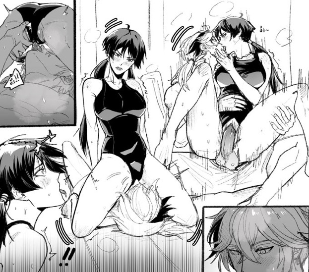 1girls, black and white, bodysuit, cunnilingus through clothes, female, genderswap, genshin impact, kaedehara kazuha, kissing, pussy, riding, rule 63, scaramouche (genshin impact), swimsuit, vaginal sex