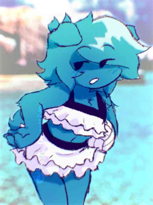 :o, 1boy, beach, belly button, blue body, blush lines, boyfriend (friday night funkin), chest tuft, cute, dog boy, dog ears, dog tail, femboy, fluffy, friday night funkin, hands on hips, lowres, male, male only, minus bf (blue) (iagoanims), roxo depressivo, sfw, skirt, solo, swimsuit, tail, thighs, volleyball, water