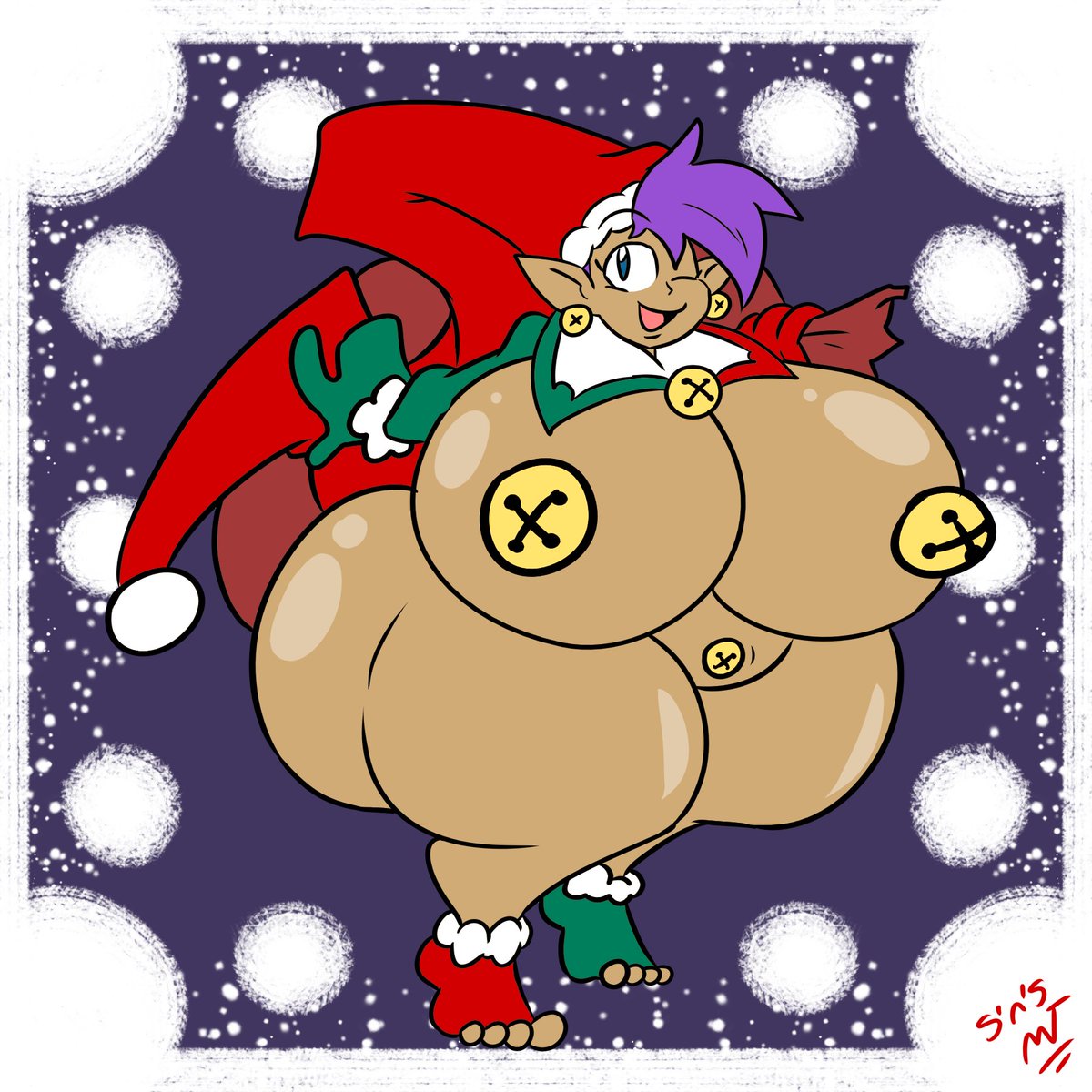 1girls ass big_ass big_breasts big_butt blue_eyes bottomless breasts bubble_butt christmas covered_nipples dark_skin fat fat_woman female female_only holidays huge_ass huge_breasts long_hair looking_at_viewer pasties purple_hair santa_hat shantae shantae_(character) smile smiling smiling_at_viewer solo sweetspicymann thick_thighs video_games wayforward wide_hips wink winking winking_at_viewer